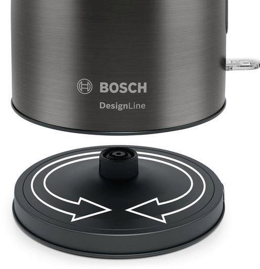 BOSCH Wasserkocher DesignLine TWK5P475, Ausgießen ohne Spritzer, Tassenanzeige, 1,7 l, 2400 W, große Wasserstandsanzeige, Überhitzungsschutz, grau