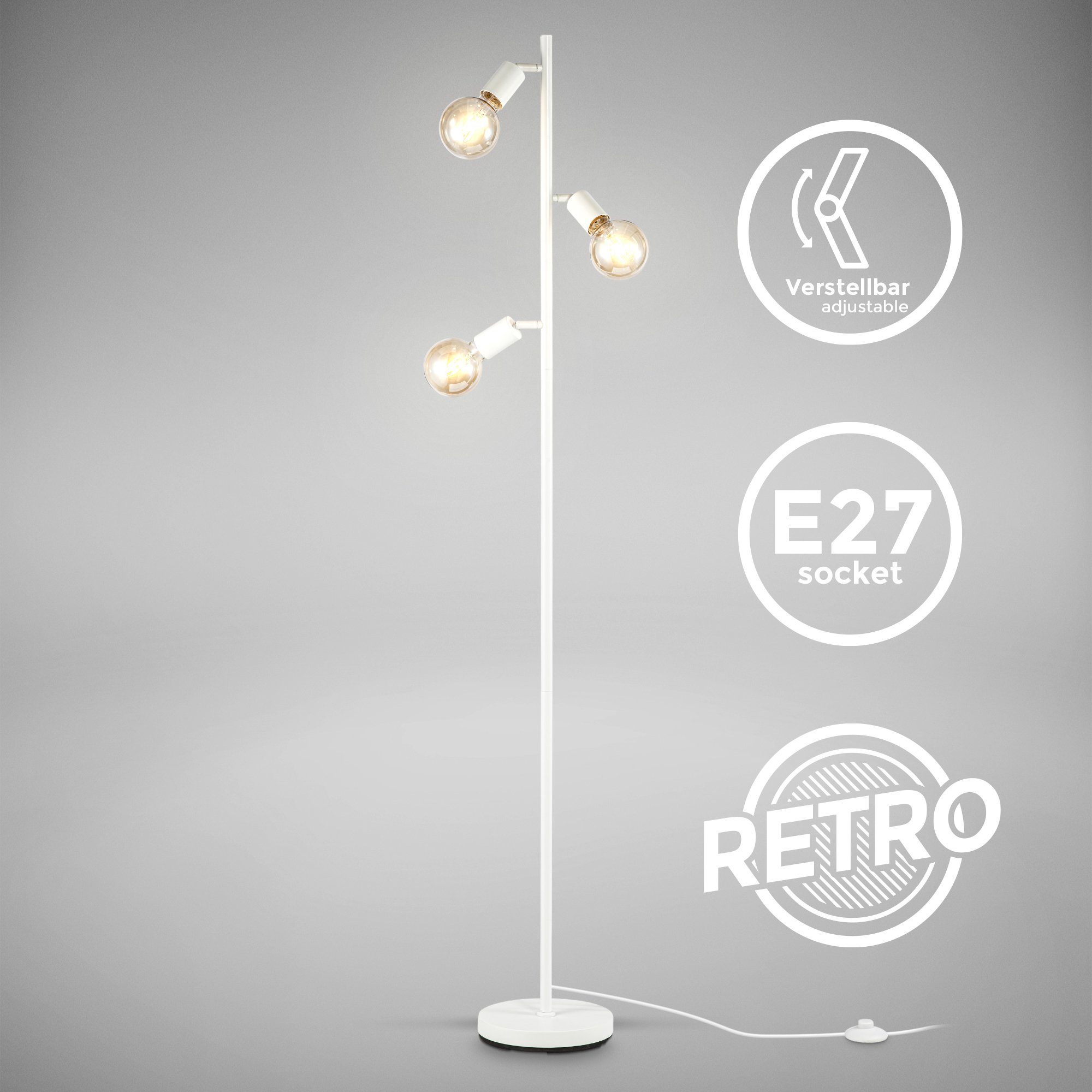 B.K.Licht Stehlampe, ohne Leuchtmittel, Stehleuchte, 3-flammig, E27,  Schwenkbar, Retro, Fußschalter, Metall, 3x E27 Fassung für Leuchtmittel mit  max. 10W. Leuchtmittel sind nicht inklusive