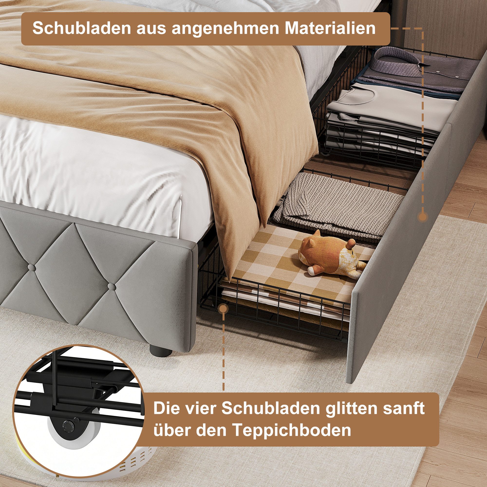 zebery Polsterbett Stauraumbett LED-Beleuchtung und Ladefunktion (mit Lattenrost), Einzelbett Kinderbett 90x200,2 Schubladen,Jugendbett USB&Type-C,Grau – Bild 3 von 5