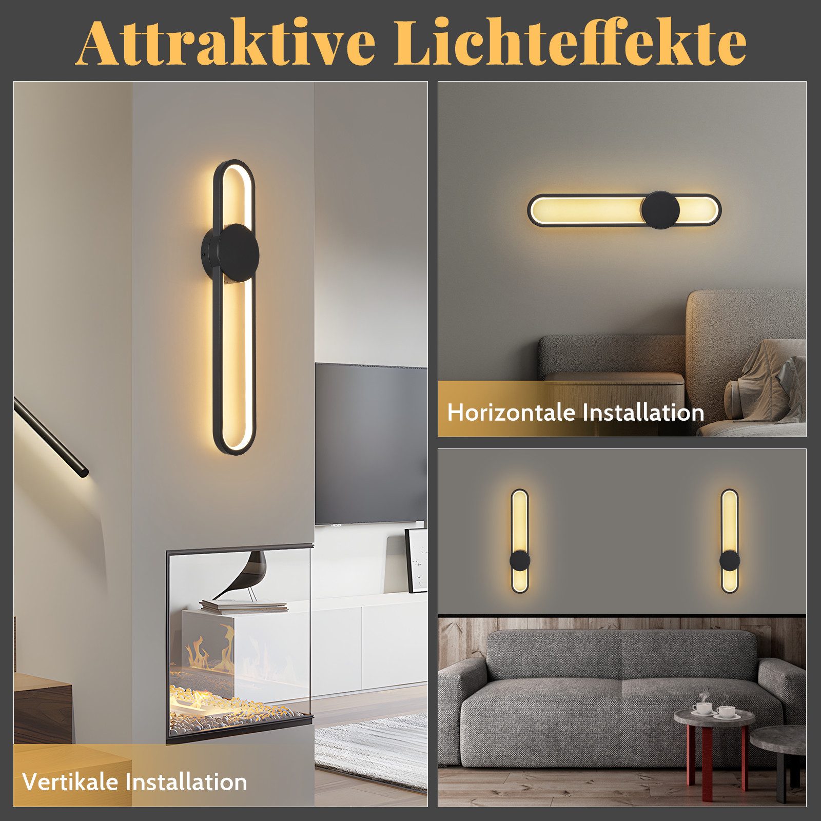 Nettlife LED Wandleuchte Innen Schwarz 12W Treppenhauslampe 60cm Flurlampe Modern 3000K, LED fest integriert, Warmweiß, Minimalistische Wandbeleuchtung für Schlafzimmer Wohnzimmer Flur