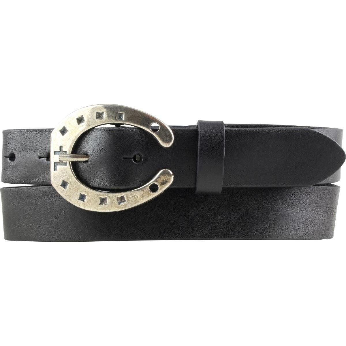 BELTINGER Ledergürtel Gürtel für Reiter mit Hufeisen-Gürtelschnalle aus Vollrindleder 3 cm - Schwarz, Altsilber