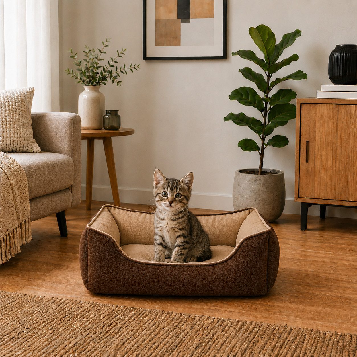 belviona Tierkissen für Katzen, Katzenbett Wildlederimitat, 60x50 cm, braun/beige, Wildlederimitat, Katzenkörbchen wendbar, mit 2-in-1 Funktion