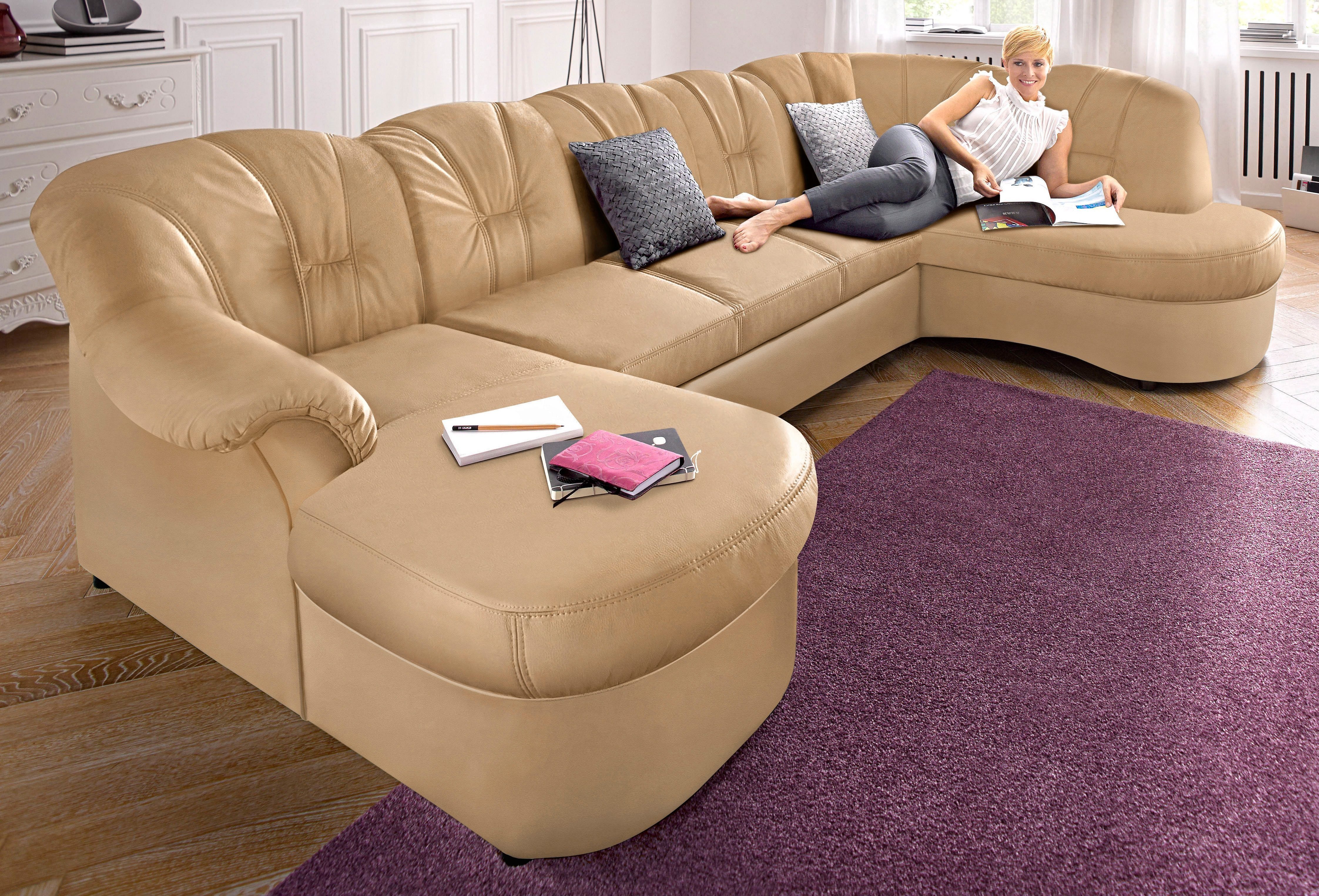 DOMO collection Wohnlandschaft Flores auch in Leder-Bezug, B/T/H: 293/180/86 cm, U-Form, 3 Teile, wahlweise mit Bettfunktion, wahlweise mit Federkern