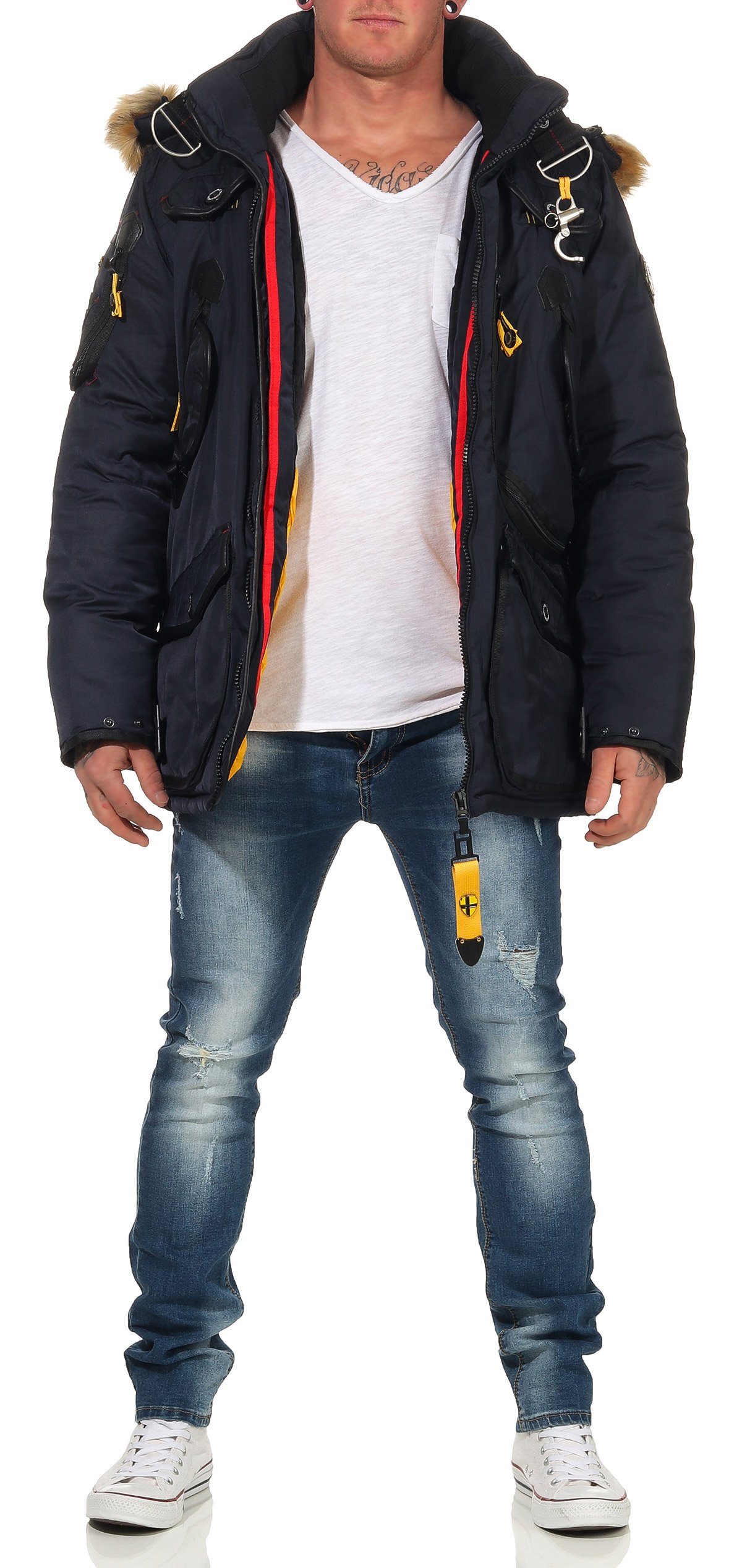 Winterjacke Navy Taschen beides Kapuze Agaros Geographical viele Fellbesatz: Norway individuell abnehmbar, mit