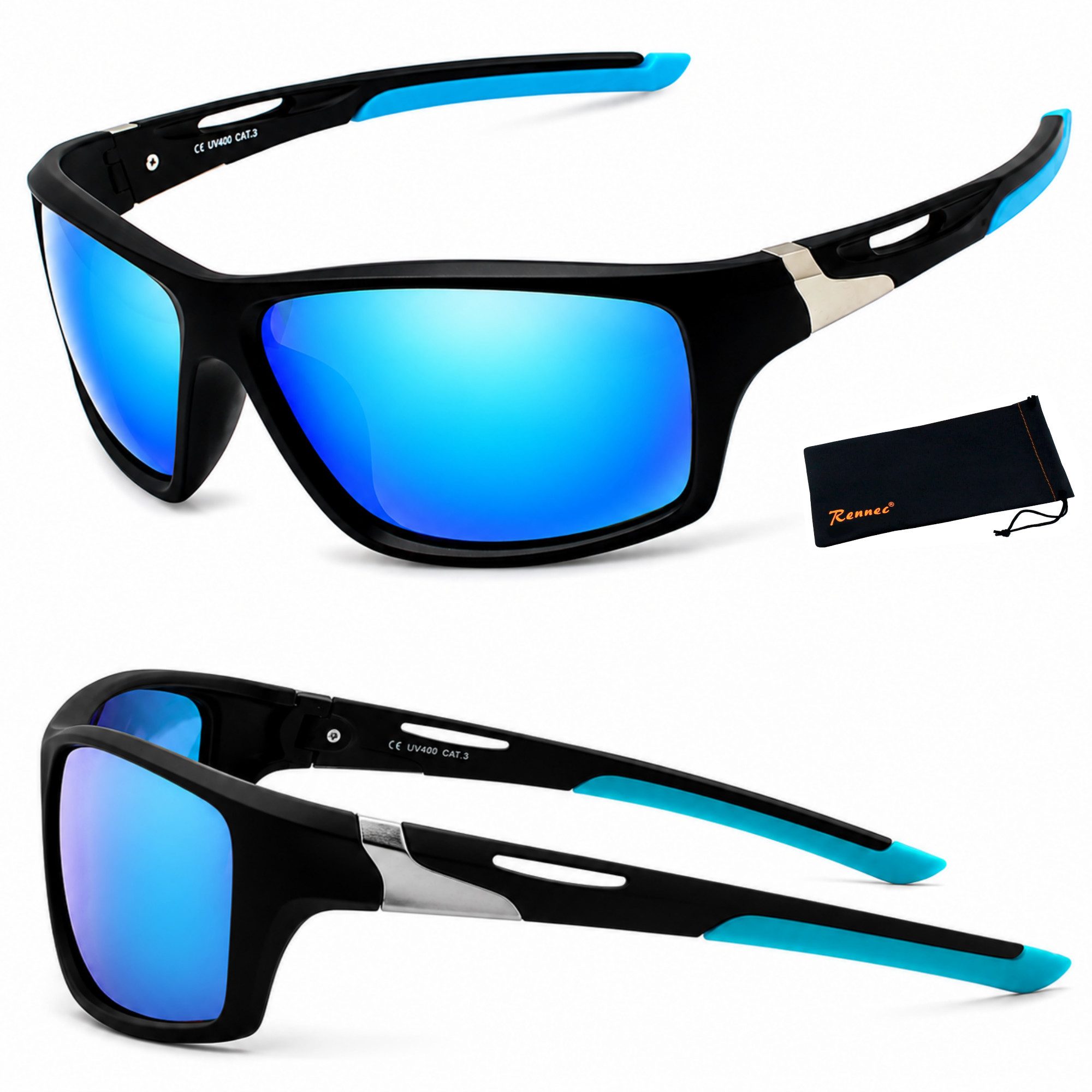Rennec Sonnenbrille Herren Sportbrille Radbrille Polarisiert mit Outdoor Hardcase Gläser Schwarz Getönt, Rot oder Blau Verspiegelt, Gelb Night Vision