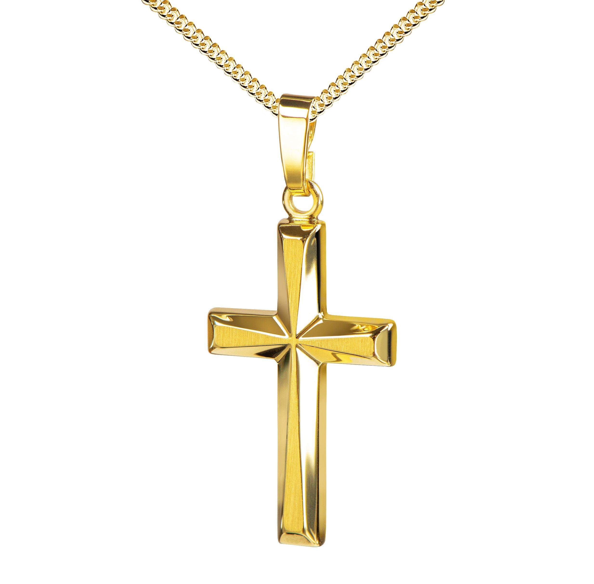 JEVELION Kreuzkette 3D Effekt Kreuz Anhänger 585 Gold - Made in Germany (Goldkreuz, für Damen und Herren), Mit Kette vergoldet- Länge wählbar 36 - 70 cm oder ohne Kette. | Kreuzketten