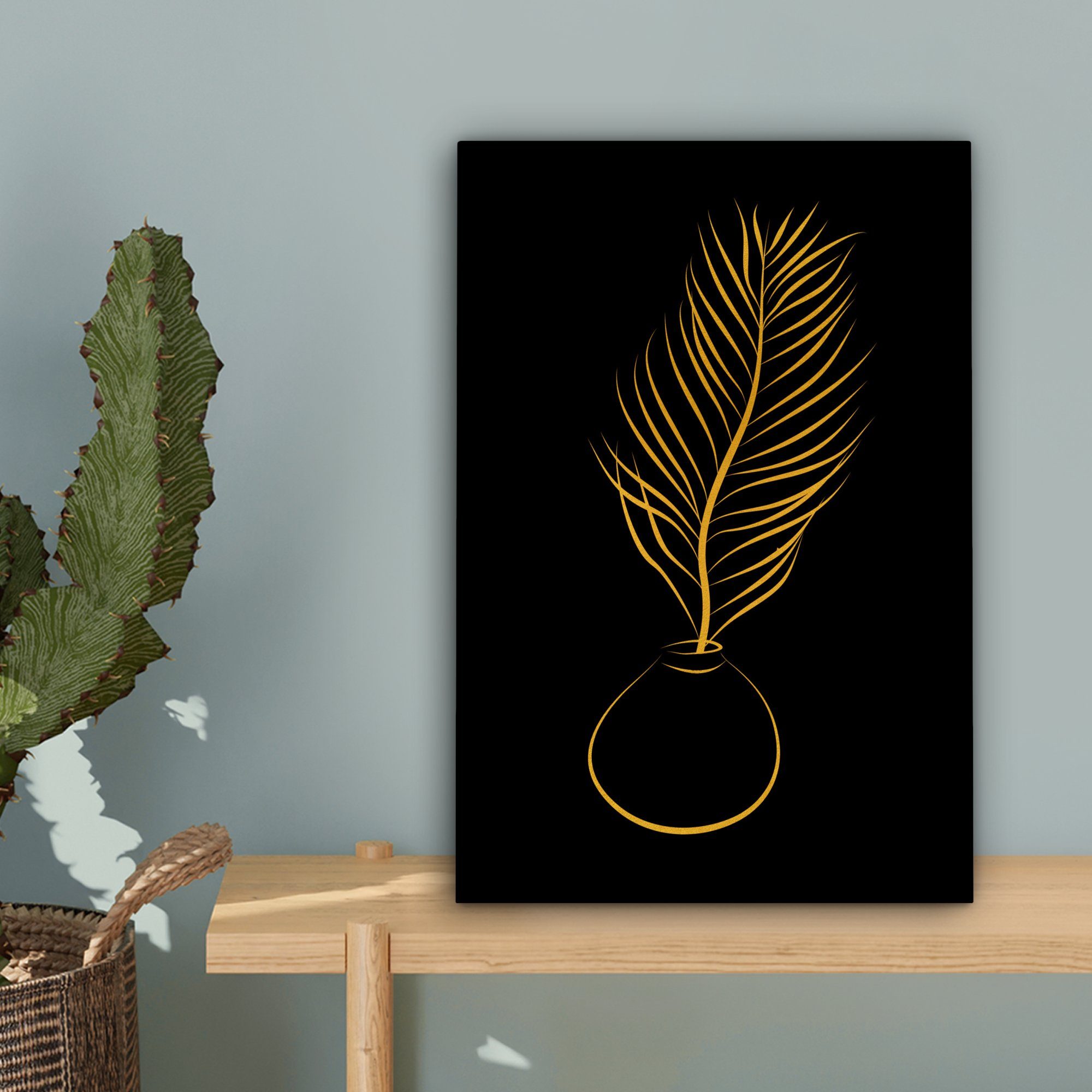 Topf Pflanze bespannt Gold, St), - OneMillionCanvasses® - (1 cm inkl. Zackenaufhänger, 20x30 Linienkunst Gemälde, Leinwandbild Leinwandbild - fertig