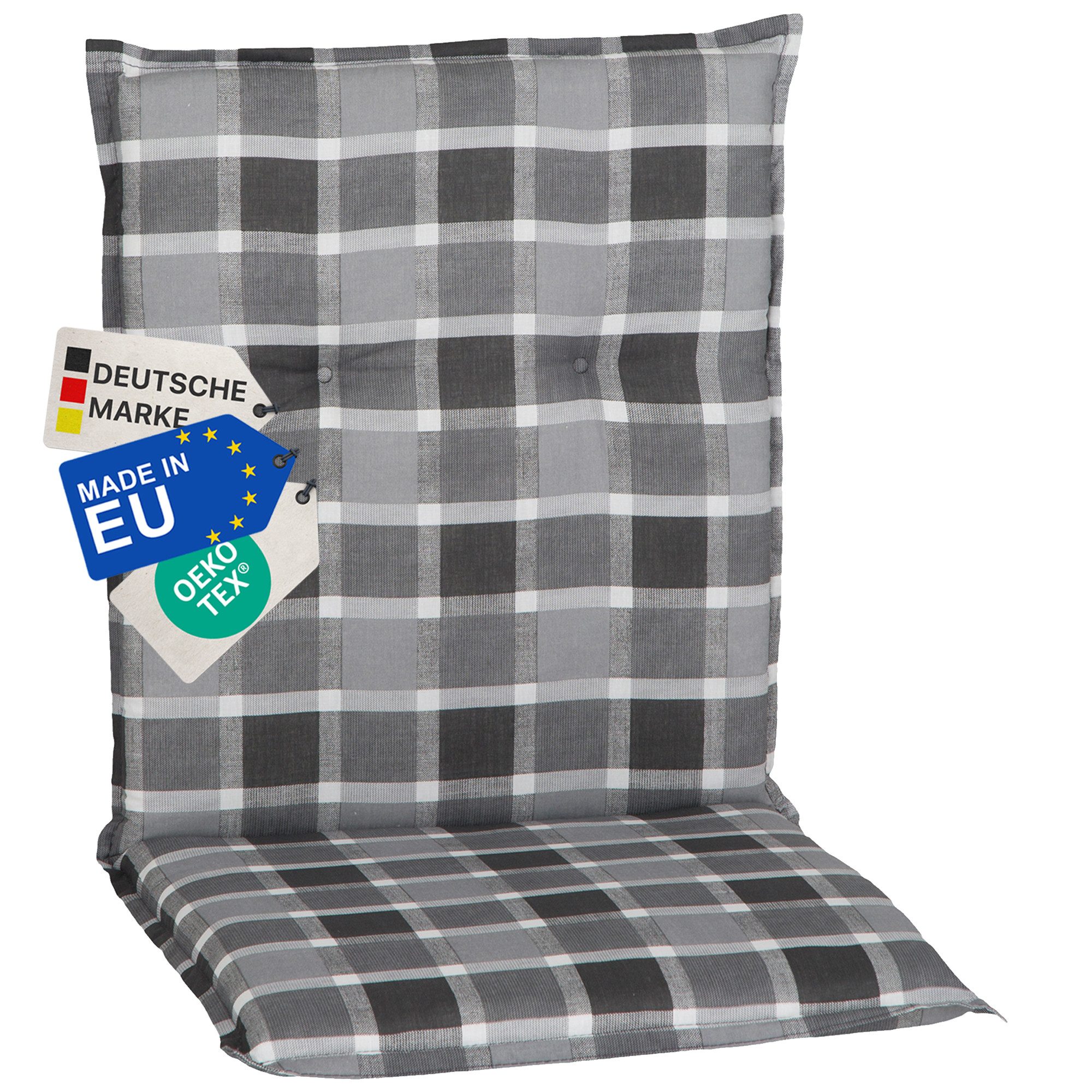 NYVI Sitzauflage Niedriglehner Auflage Barcelona Gartenstuhlauflagen 100x50cm, (1 St), Niederlehner Stuhlauflage Sitzauflage mit Halteband Kariert Karo