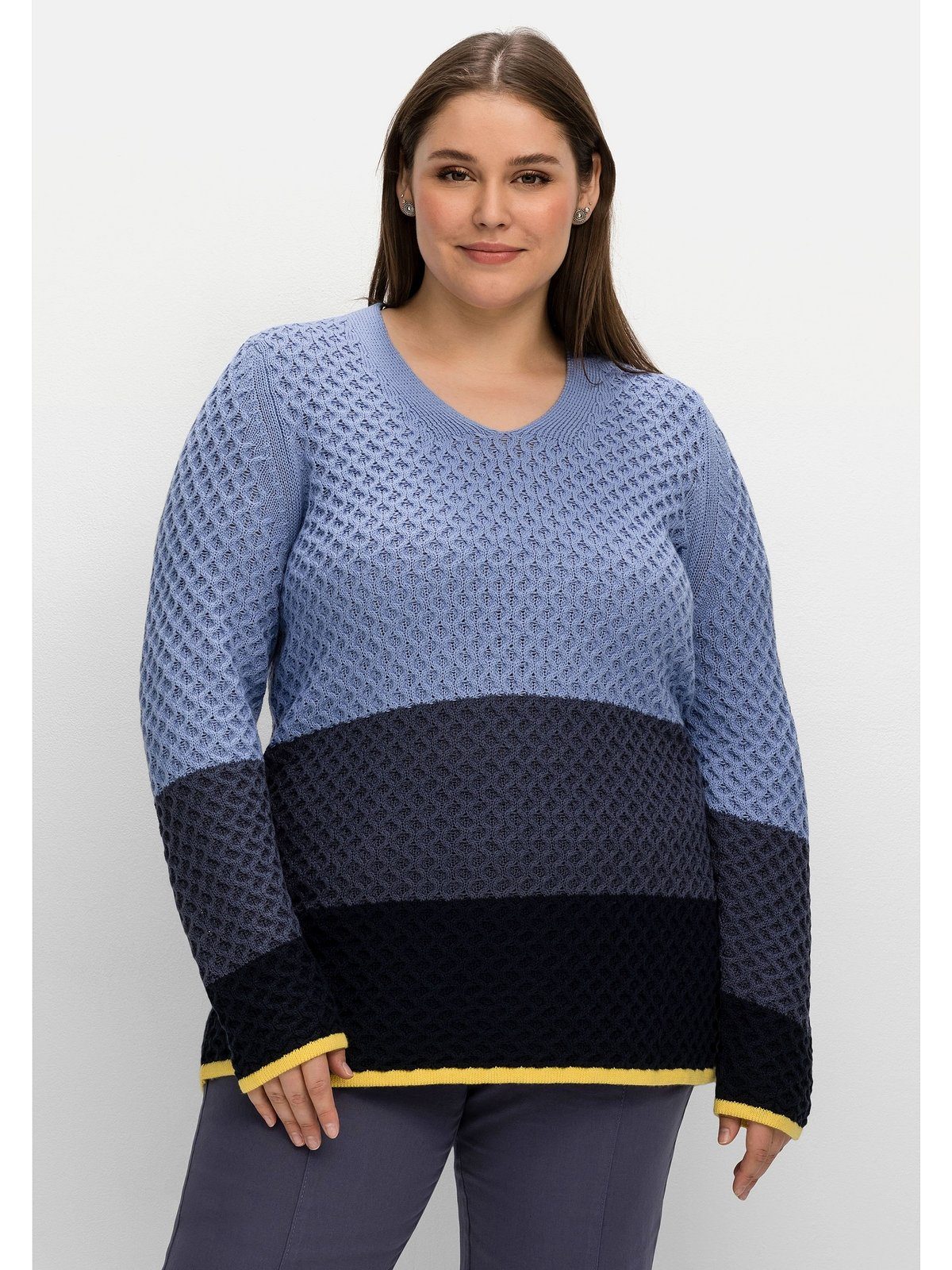 Sheego V-Ausschnitt-Pullover Große Größen im Wabenstrickmuster, mit  Blockstreifen