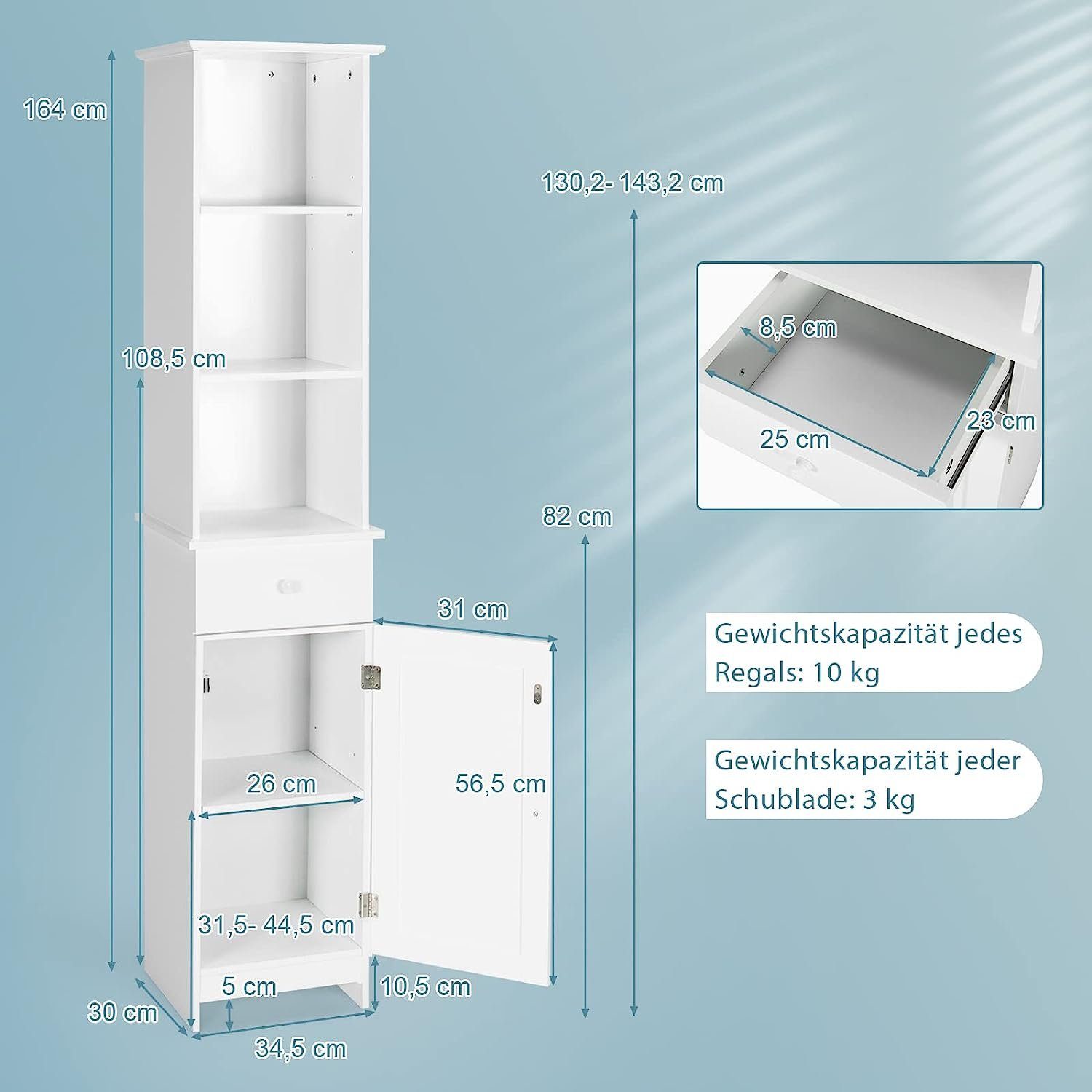 Regalen 2 mit KOMFOTTEU Hochschrank Badezimmerschrank verstellbaren