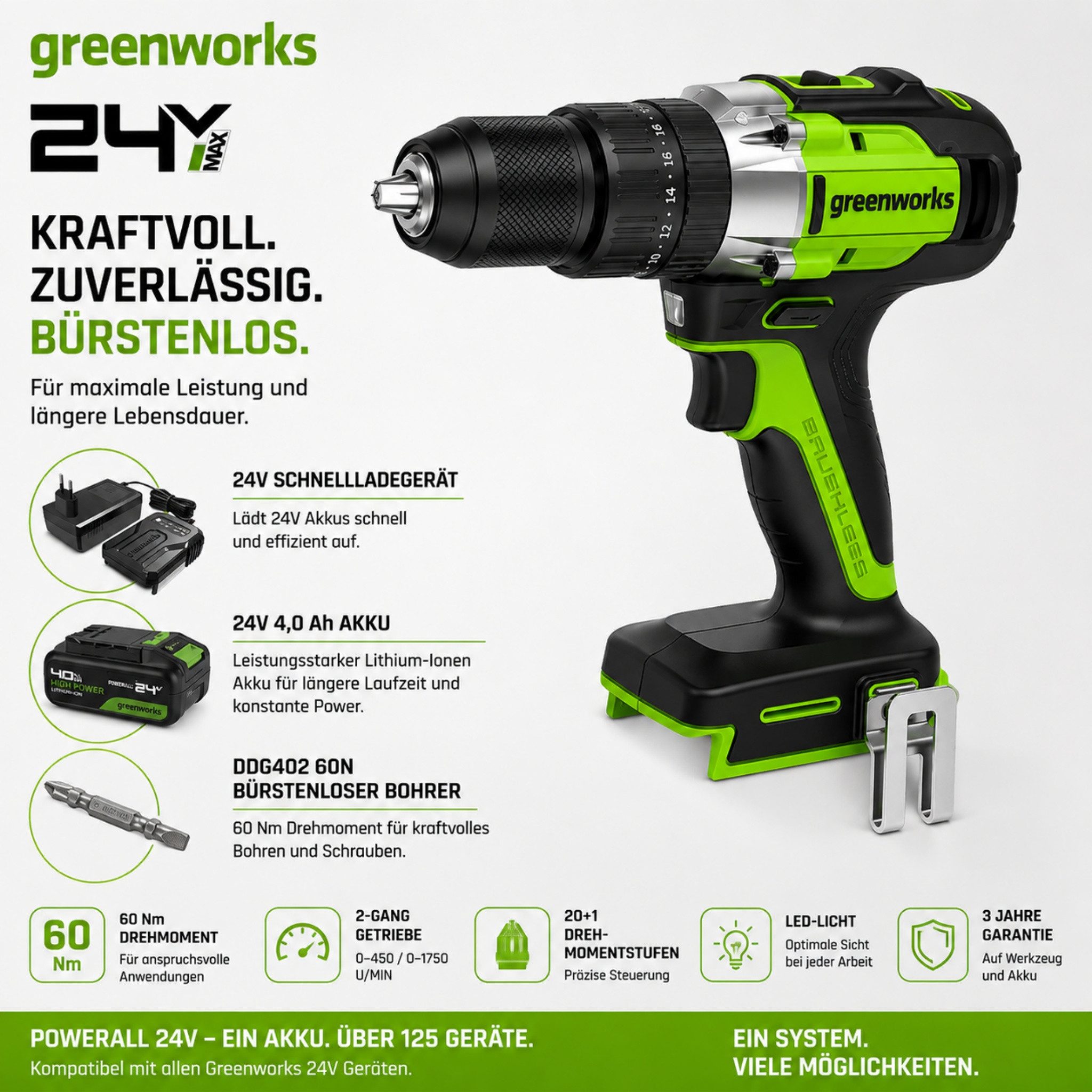 Greenworks Akku-Schlagbohrschrauber Akku-Bohrschrauber 24V Brushless, 60 Nm, 13 mm Schnellspannbohrfutter, max. 1750 U/min, (Garantie: 3 Jahre), mit Ladegerät, für Gartenprojekte, Heimstudios und Büros