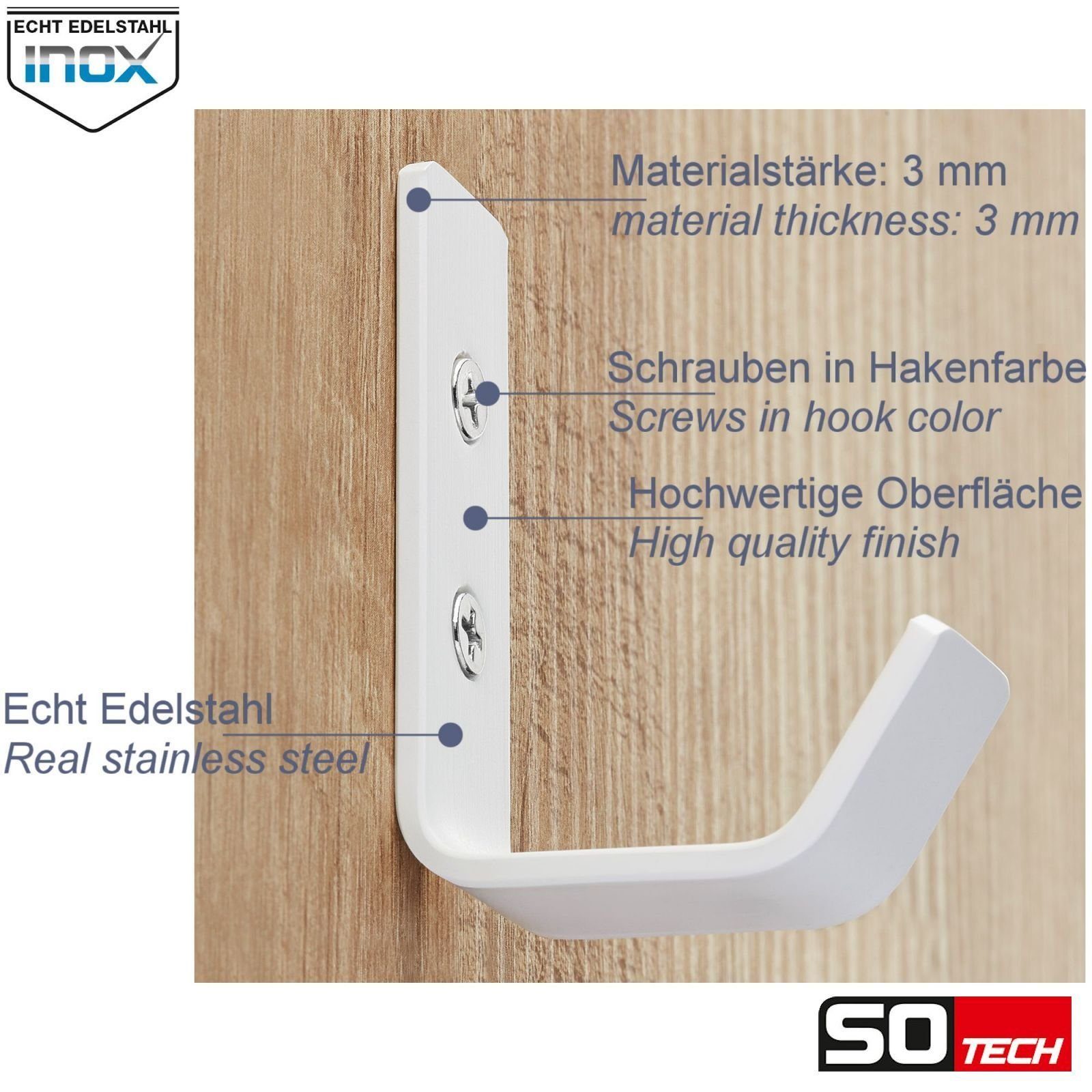 SO-TECH® Kleiderhaken Wandhaken, aus Edelstahl, 60 x 20 x 45 mm, (1-St), kleiner Jackenhaken mit abgerundeten Kanten weiß