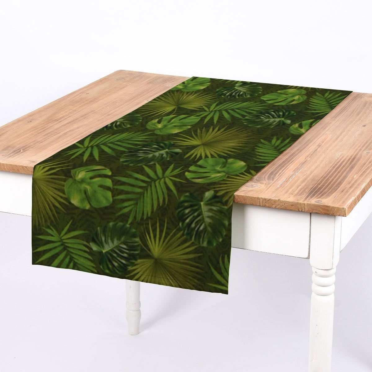 SCHÖNER 40x160cm, LEBEN. handmade SCHÖNER Tischläufer Outdoor Tischläufer LEBEN. Palmen Blätter grün