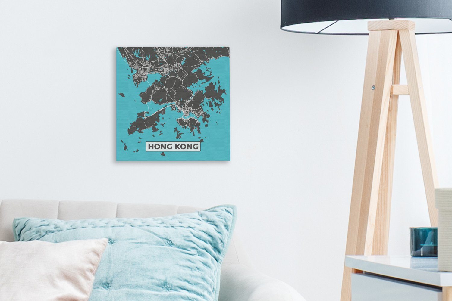 Leinwandbild Blau OneMillionCanvasses® - Wohnzimmer Karte Hongkong für St), Bilder - - (1 Leinwand Stadtplan, Schlafzimmer