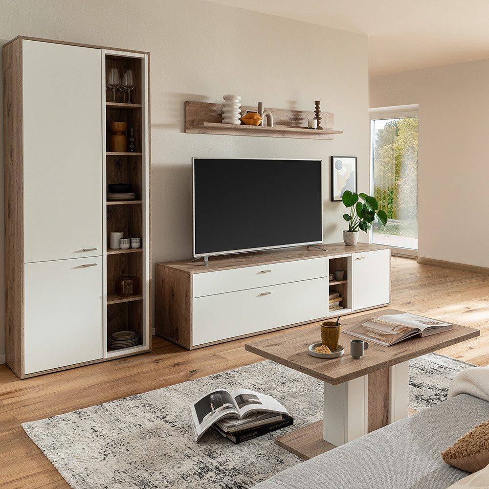 Lomadox Wohnzimmer-Set SAGUNTO-05, (Mega-Spar-Set, 4-St., Vitrine Lowboard Wandboard Couchtisch), Wohnwand, in weiß und Eiche