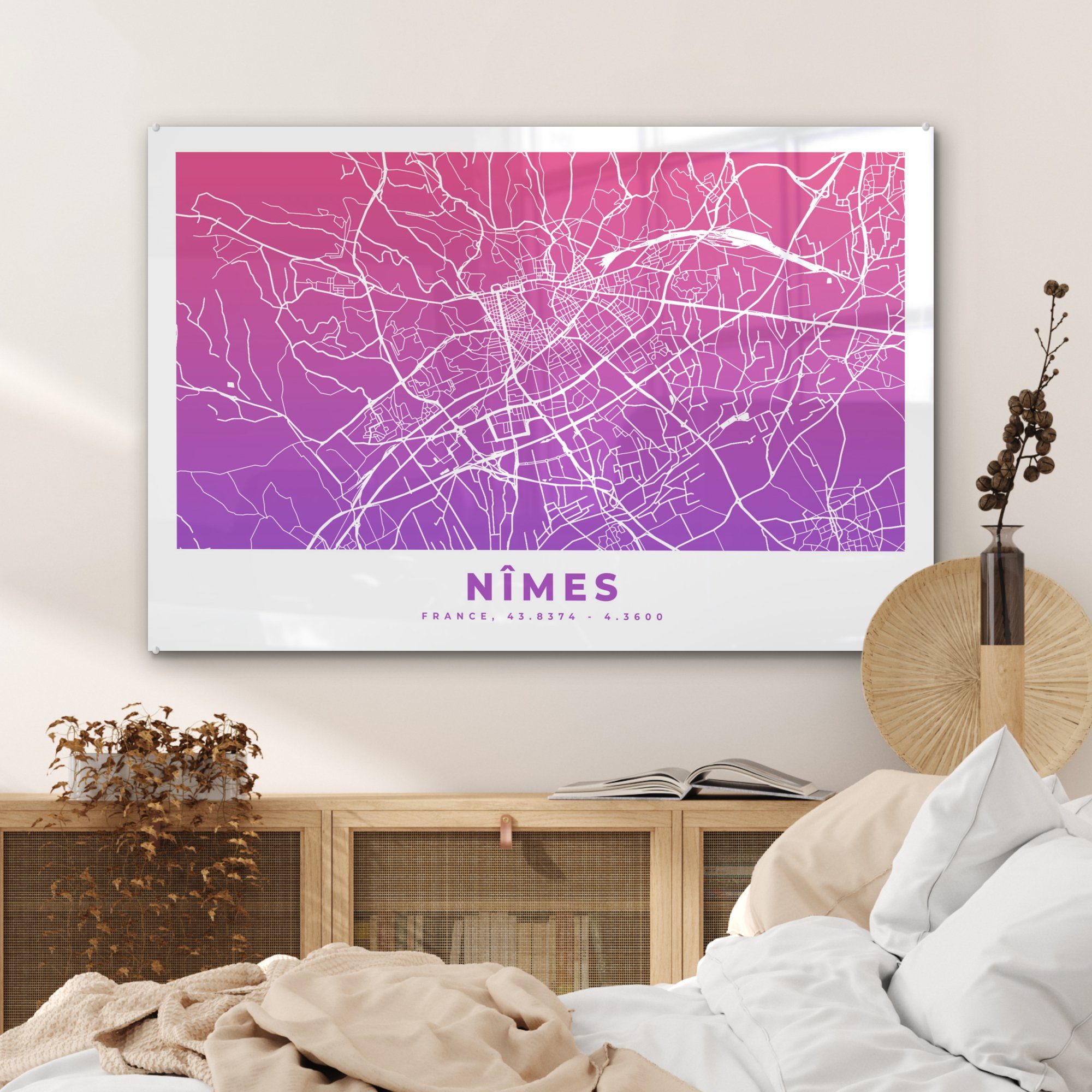 MuchoWow Acrylglasbild Nimes - Acrylglasbilder - Stadtplan, Wohnzimmer Frankreich (1 Schlafzimmer St), &