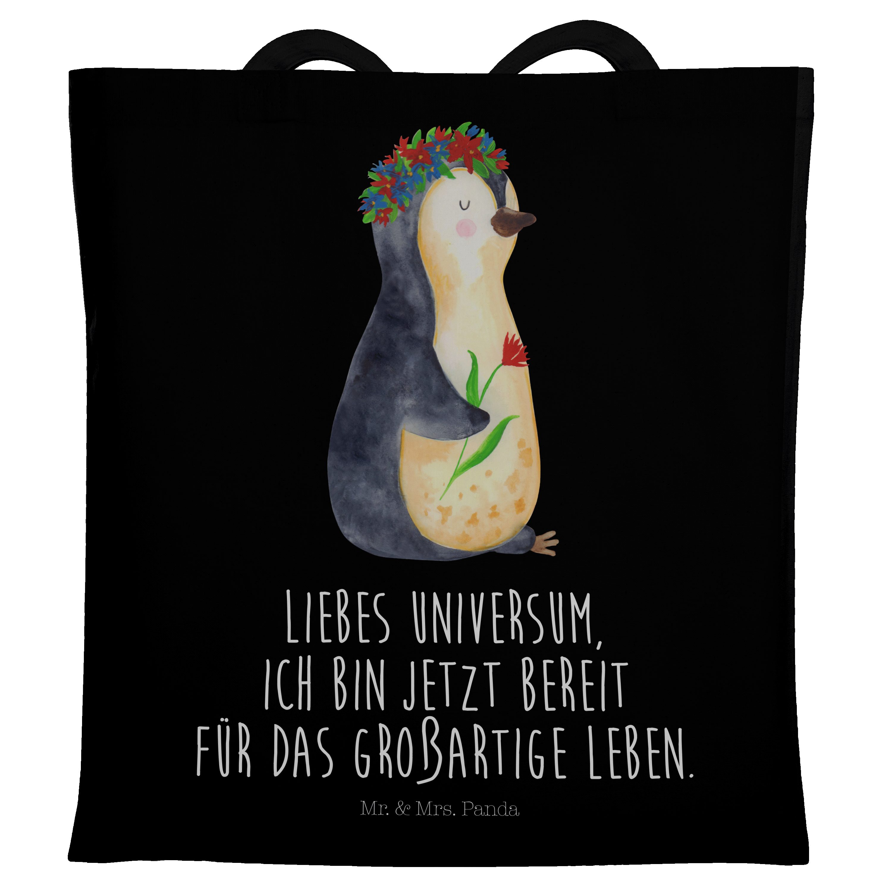 Mr. & Mrs. Wünsche, Pinguin Einkaufstas Schwarz Tragetasche - Geschenk, Panda - Leben, (1-tlg) Blumenkranz