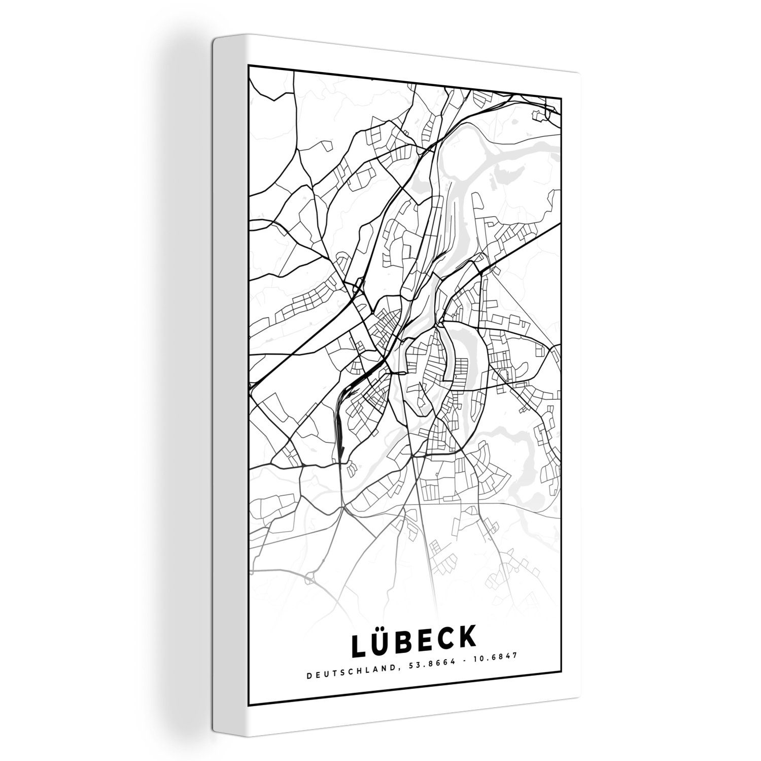OneMillionCanvasses® Leinwandbild Lübeck - Karte - Stadtplan, (1 St), Leinwandbild fertig bespannt inkl. Zackenaufhänger, Gemälde, 20x30 cm