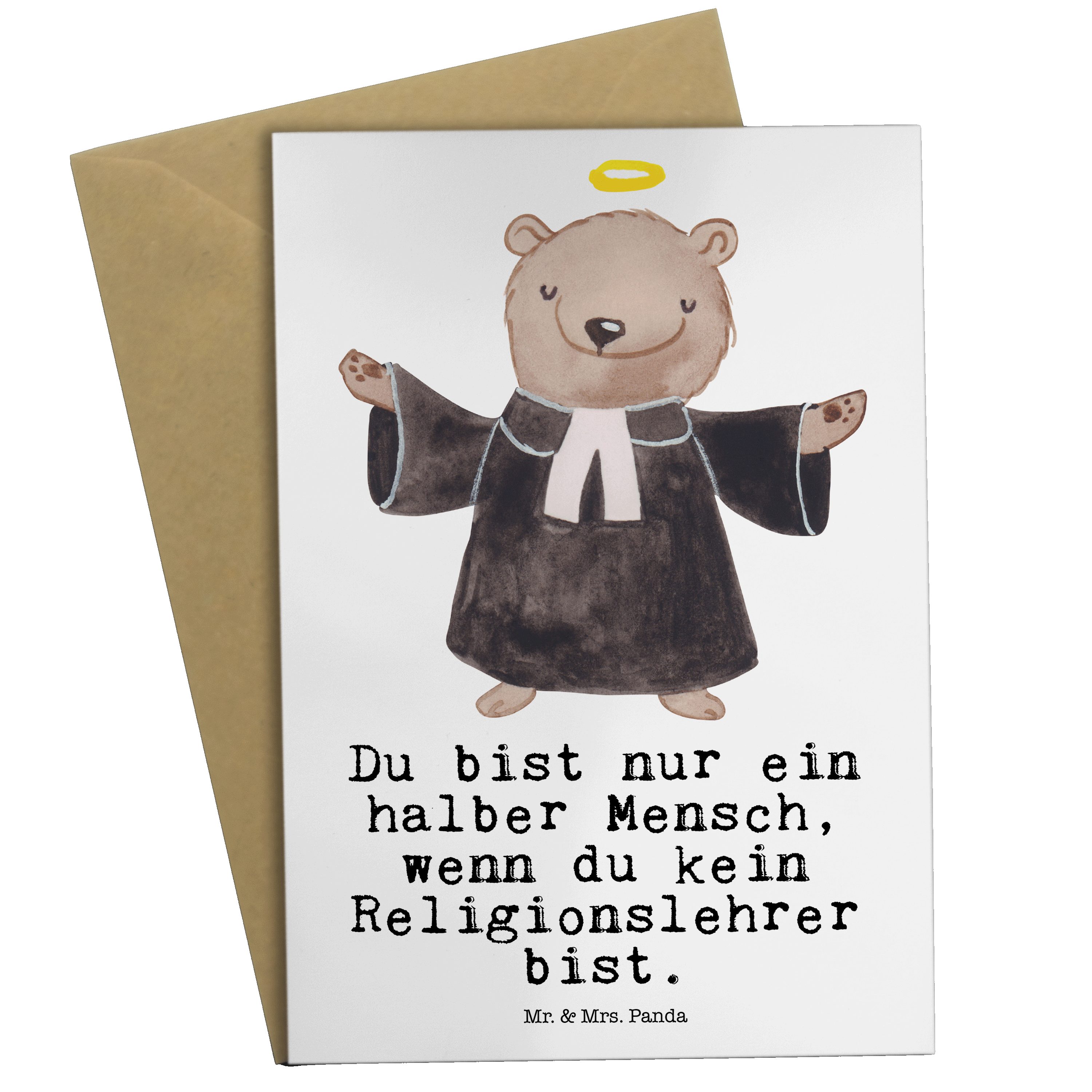 Mr. & Mrs. Panda Grußkarte Religionslehrer mit Herz - Weiß - Geschenk, Einladungskarte, Schule