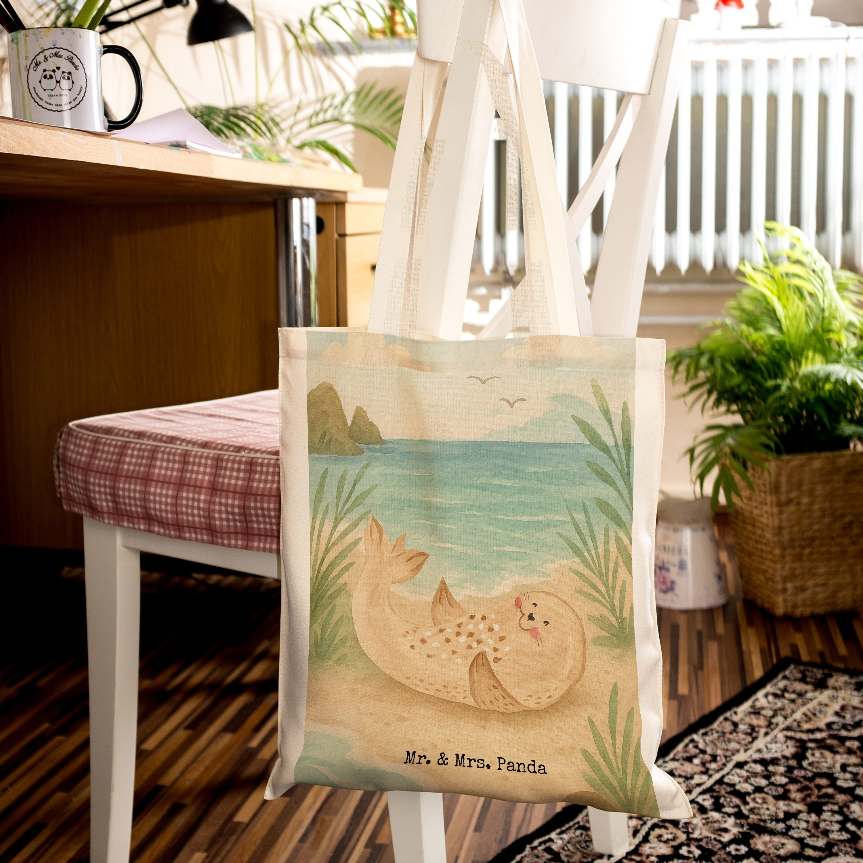 Mr. & Mrs. Panda Tragetasche Robbe Liegen Design, Tote Bag, Weiß, Bag, Uni Tasche, Stoffbeutel, St (Packung), Büchertasche Strand totebag