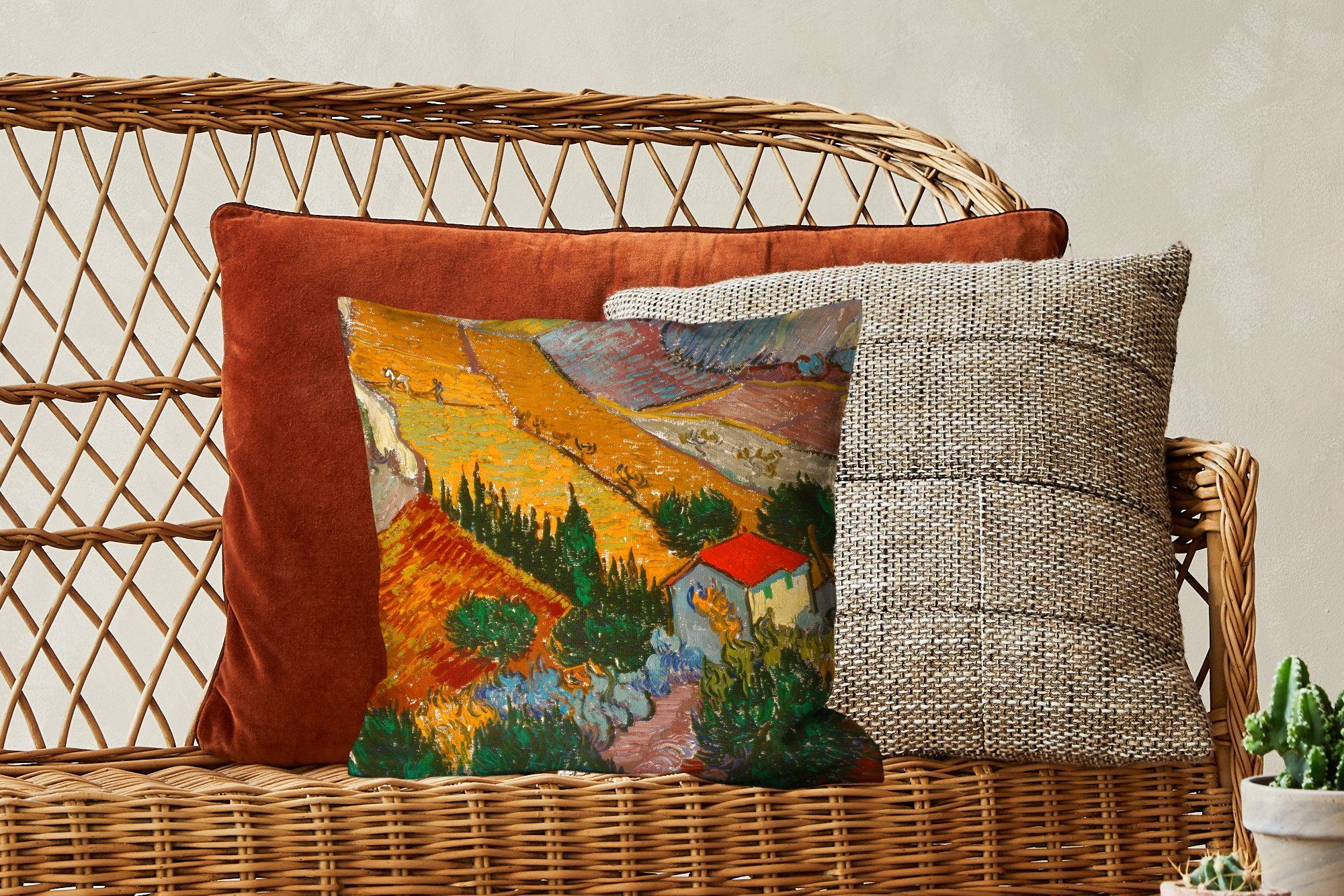 Wohzimmer, einem Vincent mit einem MuchoWow mit Zierkissen Gogh, - für Schlafzimmer, Sofakissen Ackerbauern Deko, und Haus Landschaft Dekokissen Füllung van