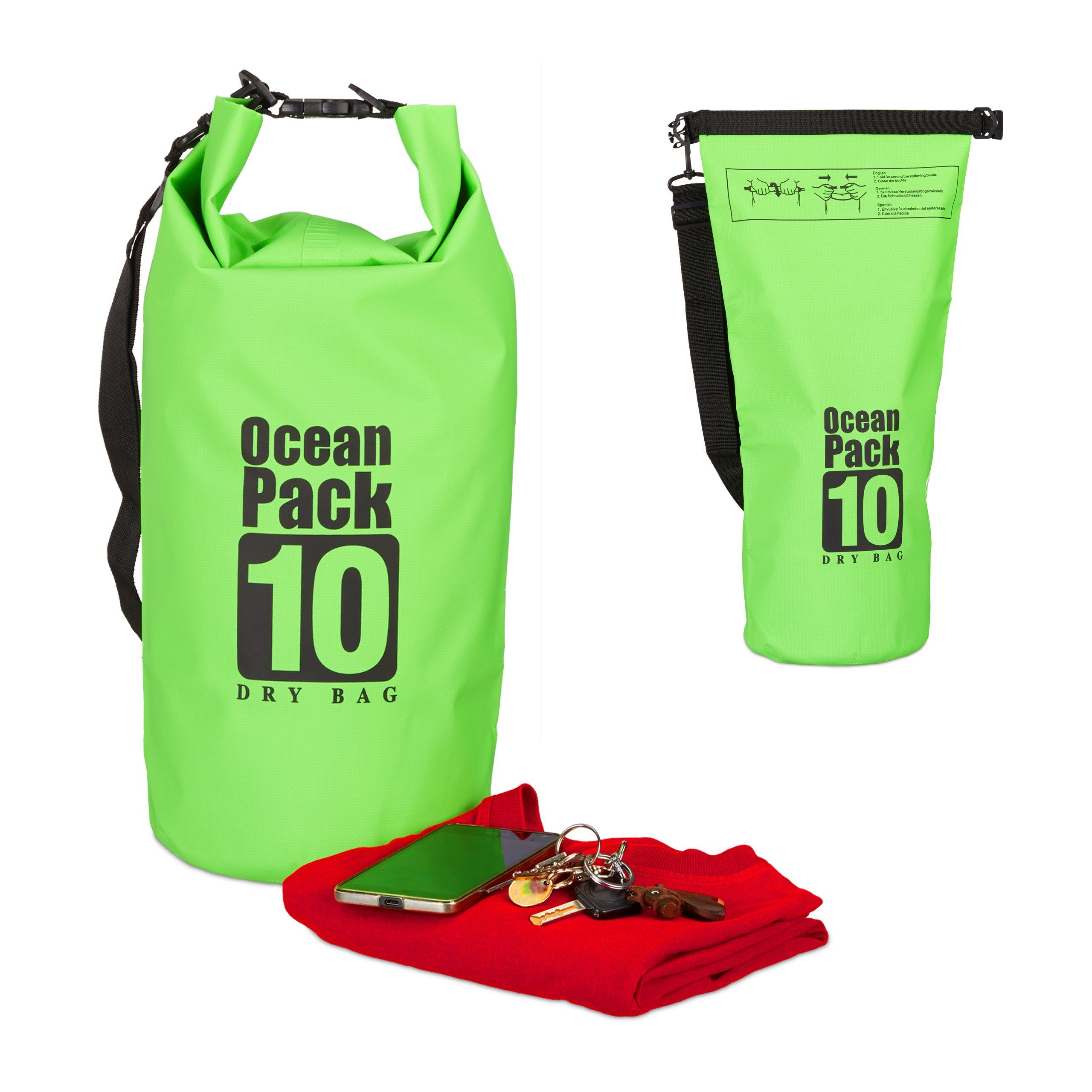 10L Grün Packsack relaxdays Grün wasserdicht, Ocean Pack Schwarz