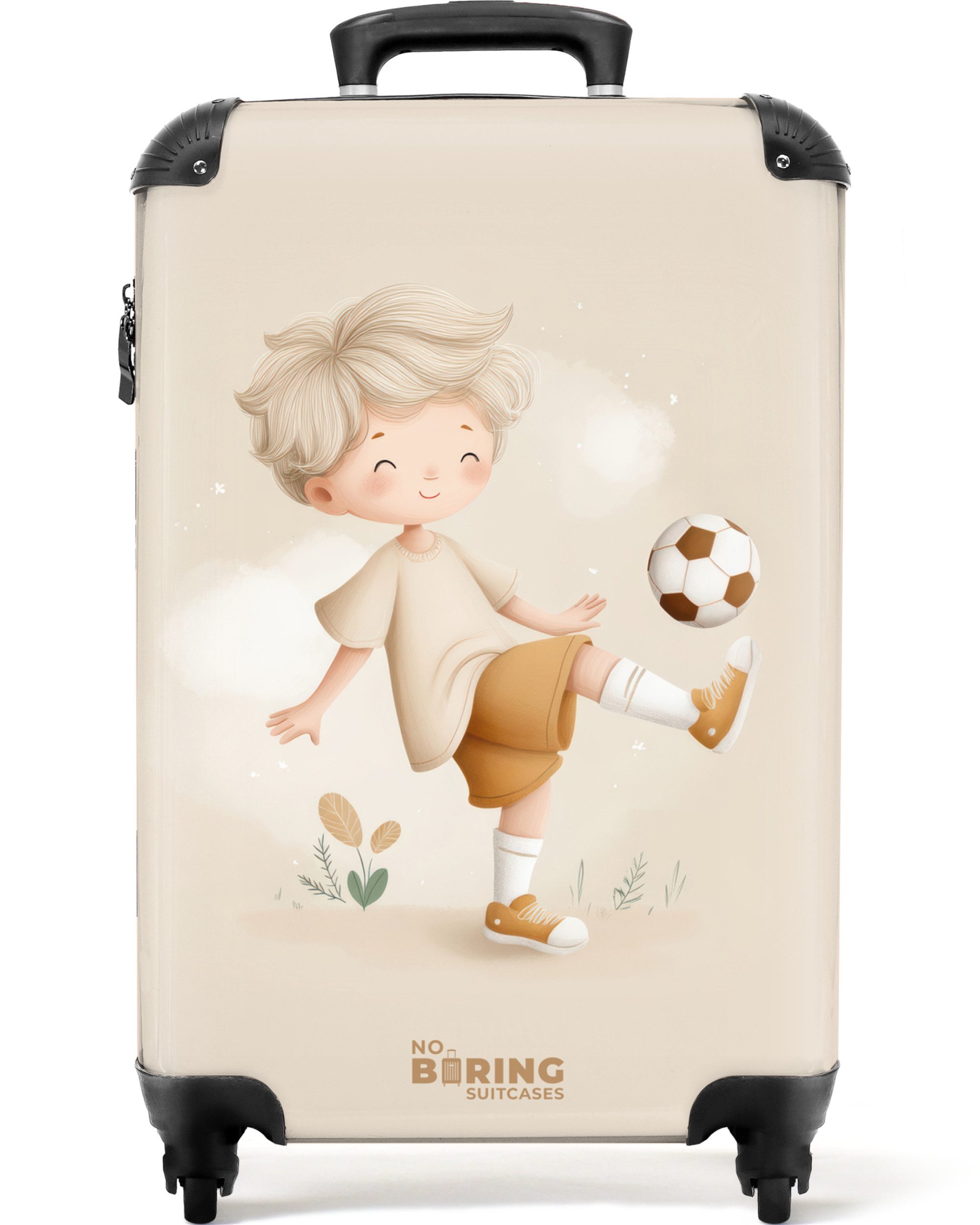 NoBoringSuitcases.com© Kinderkoffer Junge mit einem Fußball in Beigetönen 55x35x20cm, Handgepäck Koffer, Hartschalenkoffer Kinder, Reisekoffer Jungen
