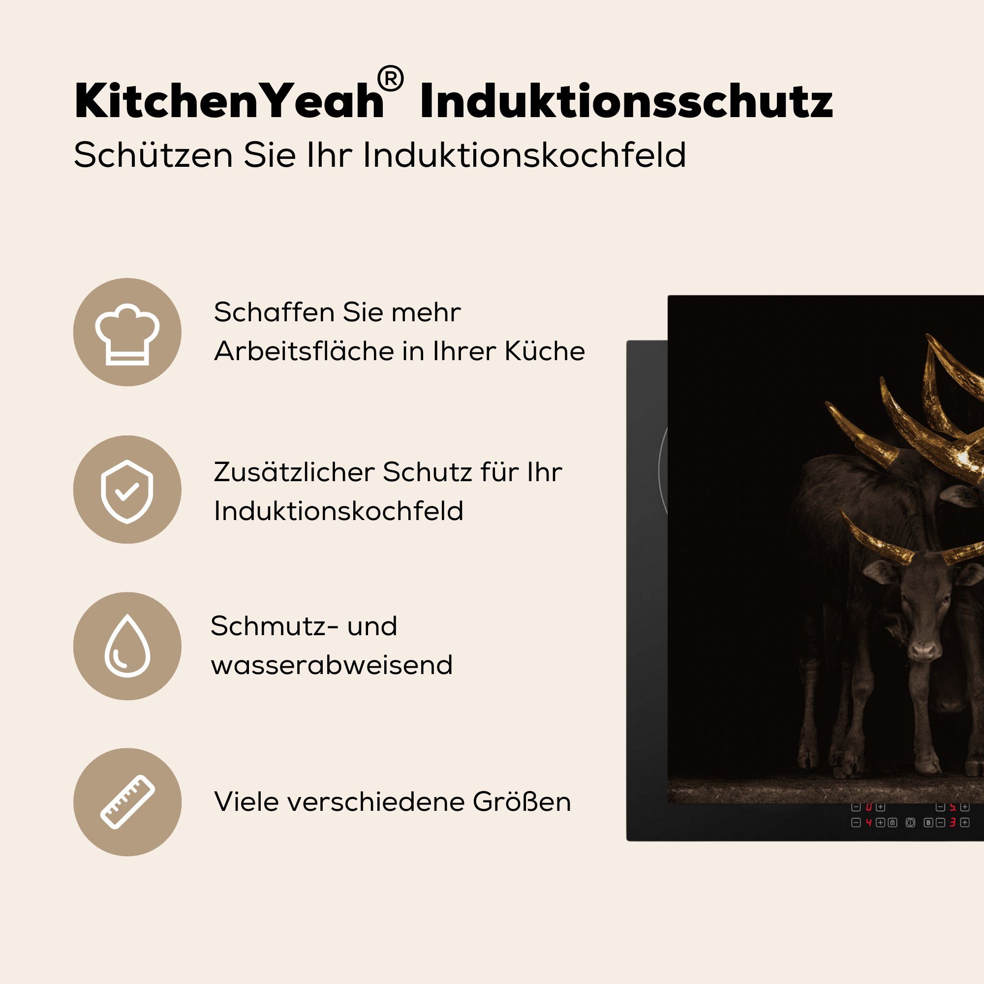 MuchoWow Herdblende-/Abdeckplatte Kühe - Hörner küche, für Schutz tlg), Gold, die Ceranfeldabdeckung 81x52 (1 Vinyl, cm, Induktionskochfeld 