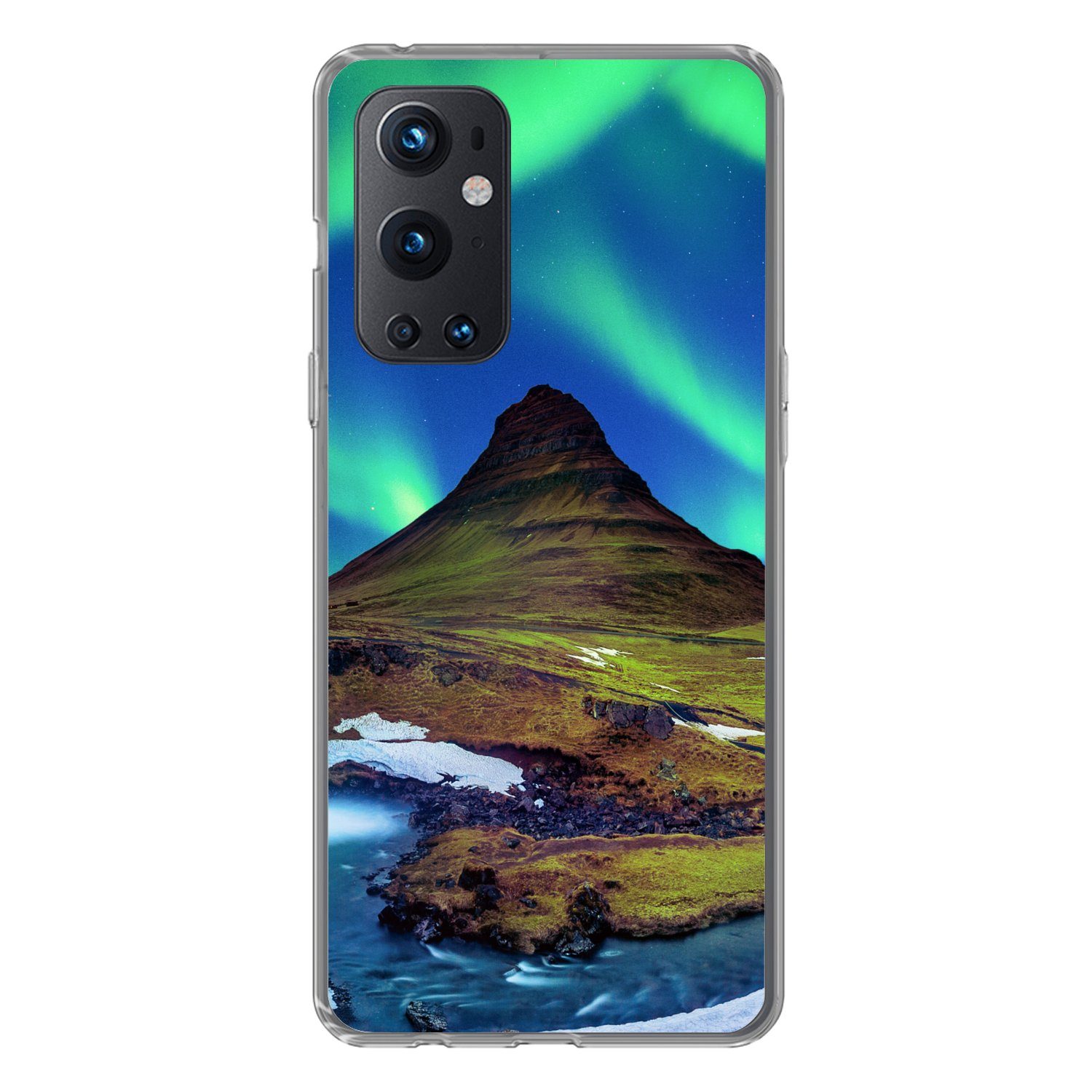 MuchoWow Handyhülle für OnePlus 9 Pro Nordlicht - Sternenhimmel - Island - Berg - Grün - W, Phone Case, Silikon, Schutzhülle Dünn