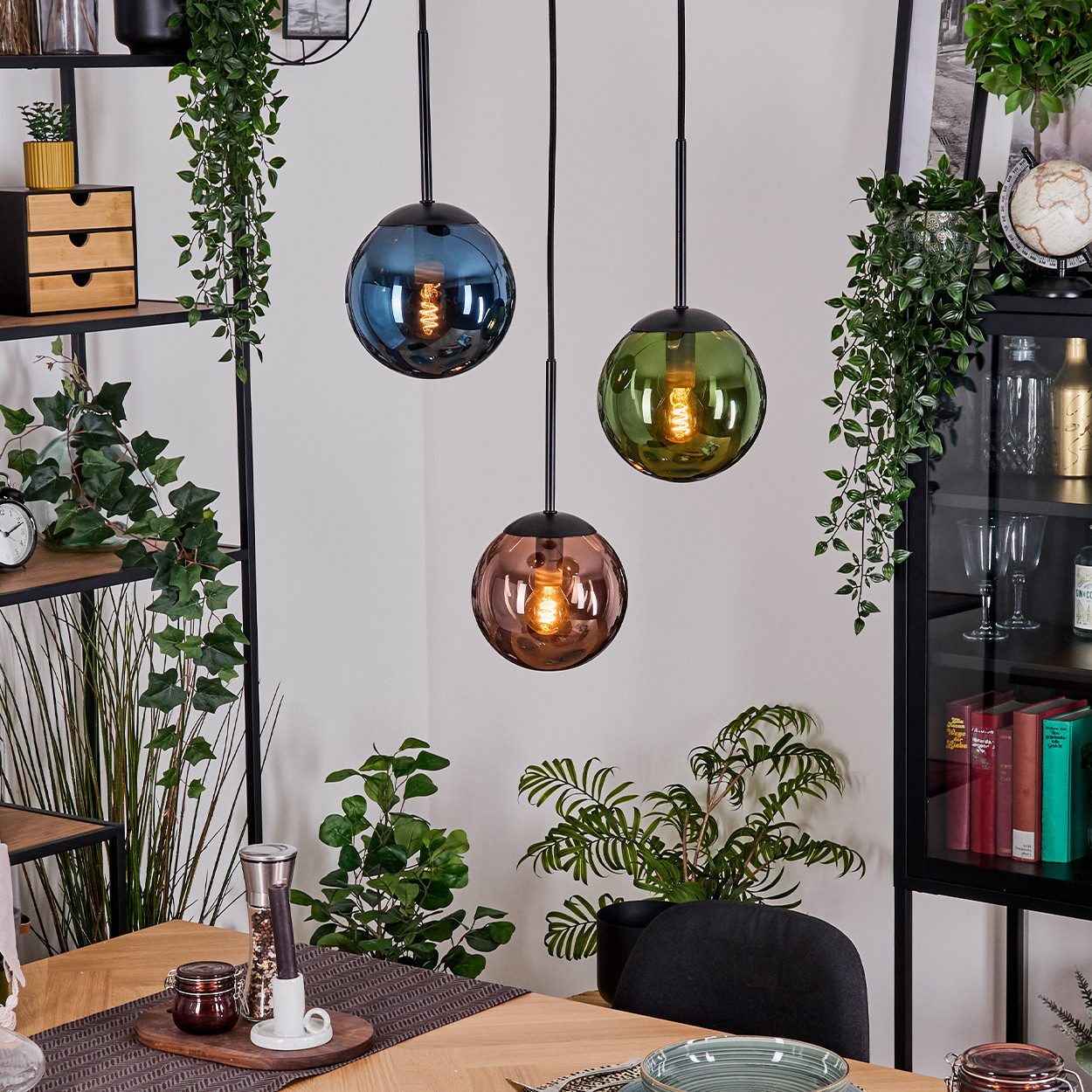 hofstein Hängeleuchte Hängelampe aus Metall/Glas in Schwarz/Blau/Grün/Kupfe günstig online kaufen