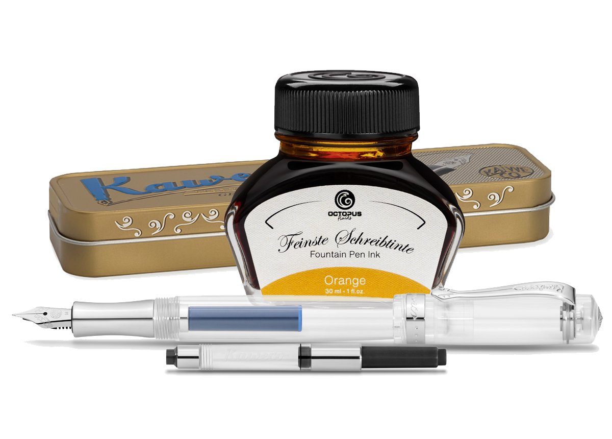 Kaweco Kaweco Student mit Füllhaltertinte Metalletui Transparent, Orange Tintenglas (Komplett-Set mit Kaweco Student Füllhalter, Tintenkonverter, Octopus Fluids Schreibtinte und Kaweco Metalletui, 0-tlg., MADE IN GERMANY)