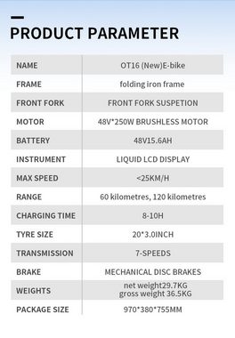 Onesport E-Bike OT16-2 20" High Tech Elektro-Klappfahrrad - 7 Gang Shimano, Heckmotor, 7 Gang Shimano, Heckmotor, 748 Wh Akku