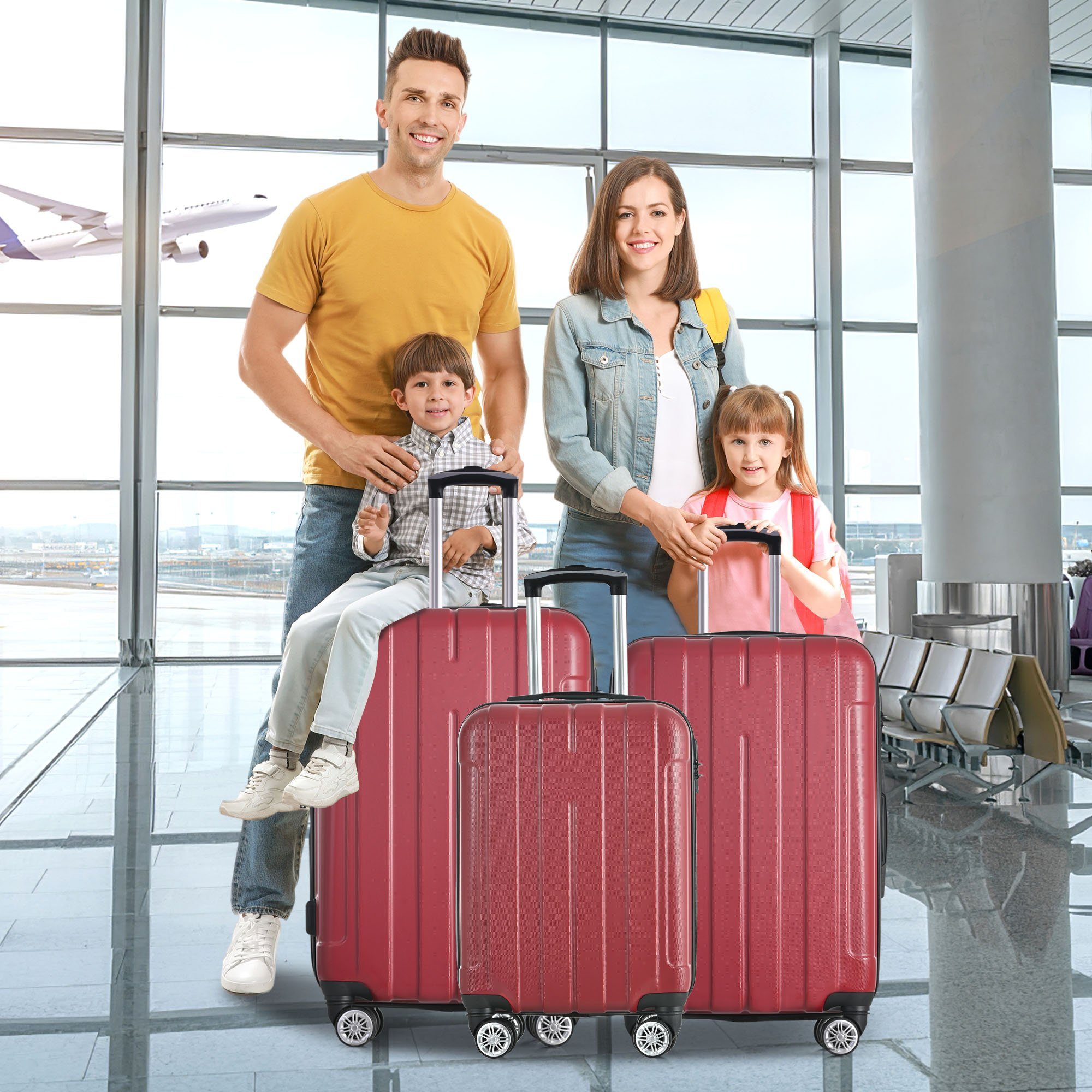 Ulife Trolley Hochwertiges 3-teiliges Koffer-Set aus ABS mit TSA-Schloss, 4 Rollen, 360°-Rollen Rot