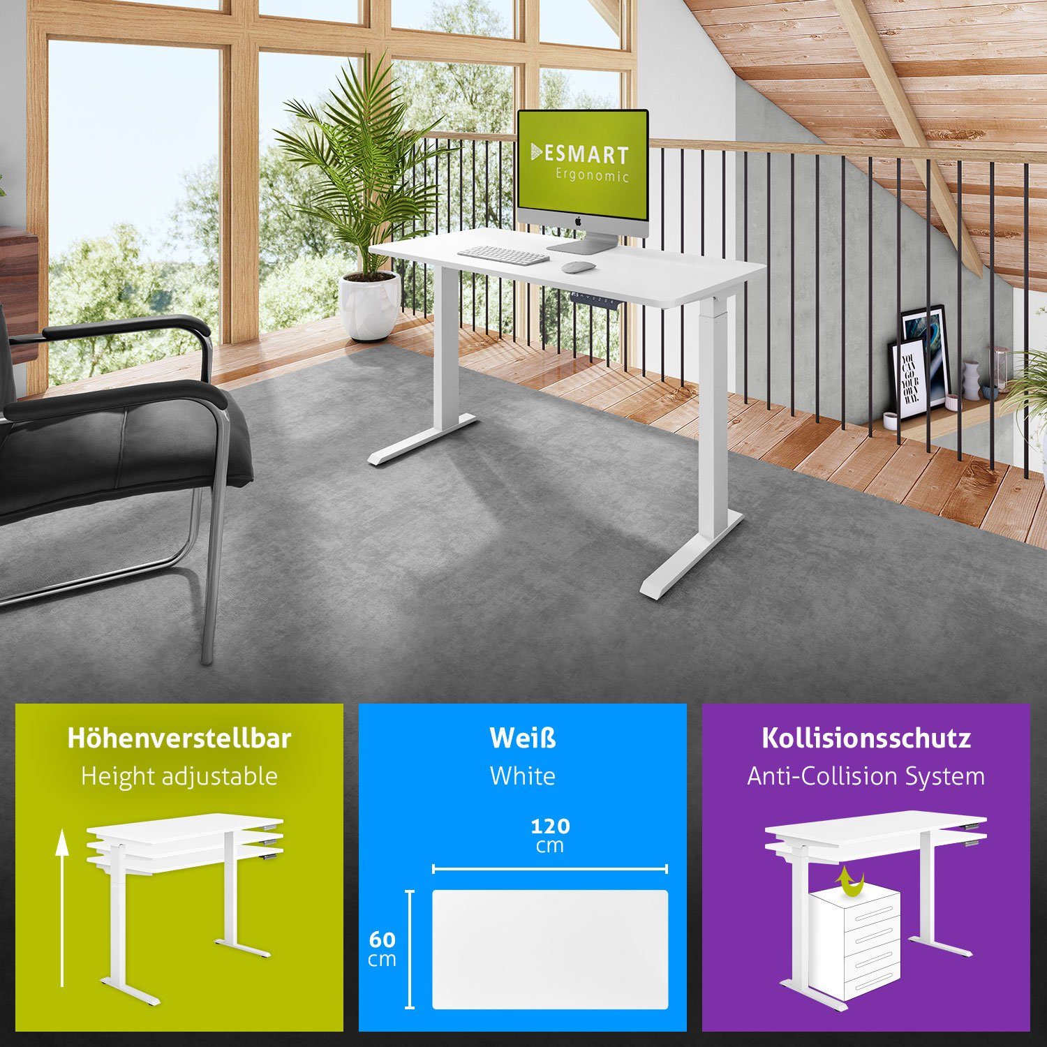 ESMART Schreibtisch ESMART Germany, ESX-121 Elektrisch höhenverstellbarer Schreibtisch Höhe: 73 - 123 cm