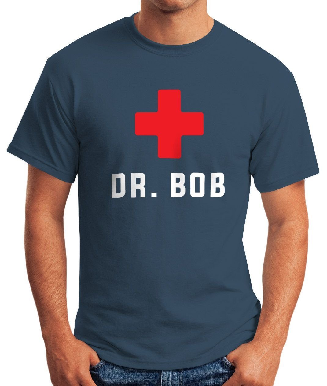 MoonWorks Print-Shirt Herren T-Shirt Notarzt Print Moonworks® Dschungel blau Bob mit Arzt Fun-Shirt Dr
