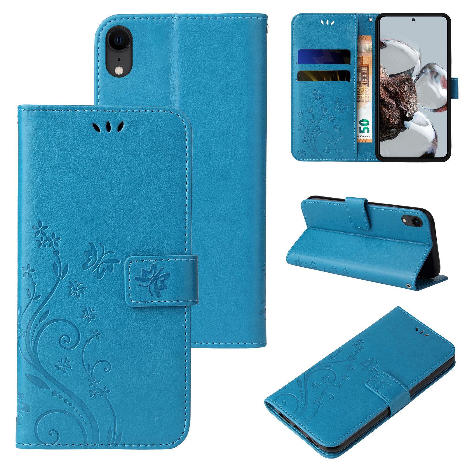 Tec-Expert Handyhülle Cover Tasche Hülle für Apple iPhone XR 6,1 Zoll, Klapphülle Case mit Kartenfach Fliphülle aufstellbar, Motiv Blumen