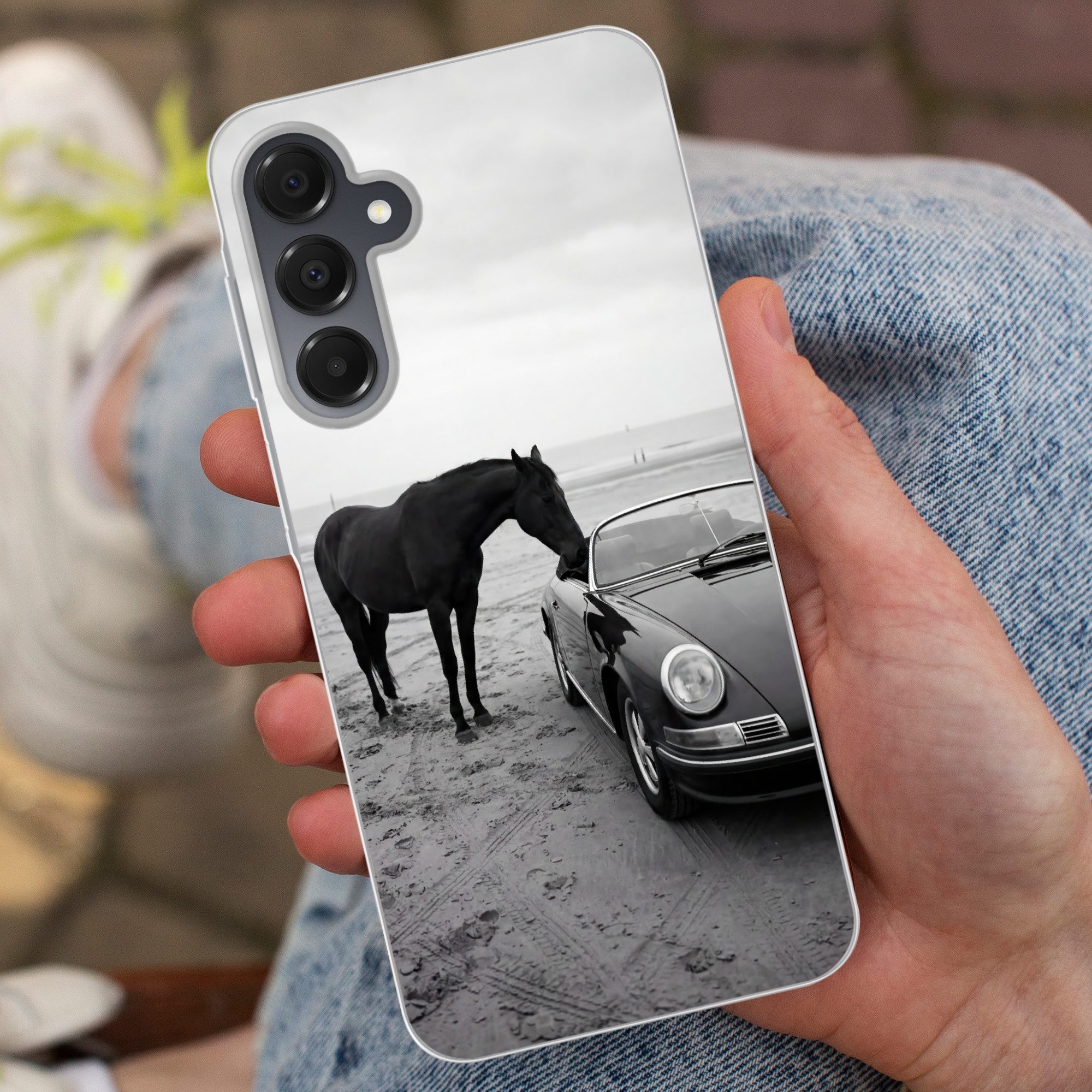 MuchoWow Handyhülle für Samsung Galaxy A16 Pferd - Auto - Schwarz - Weiß, Handy Case, Silikon, Bumper Case Dünn