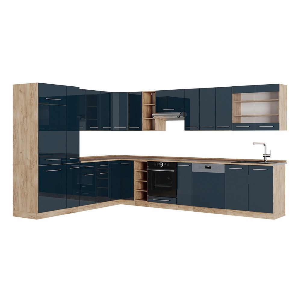 Vicco Winkelküche Fame-Line, Dunkelblau Hochglanz/Goldkraft Eiche, 347 x 257 cm ohne ...