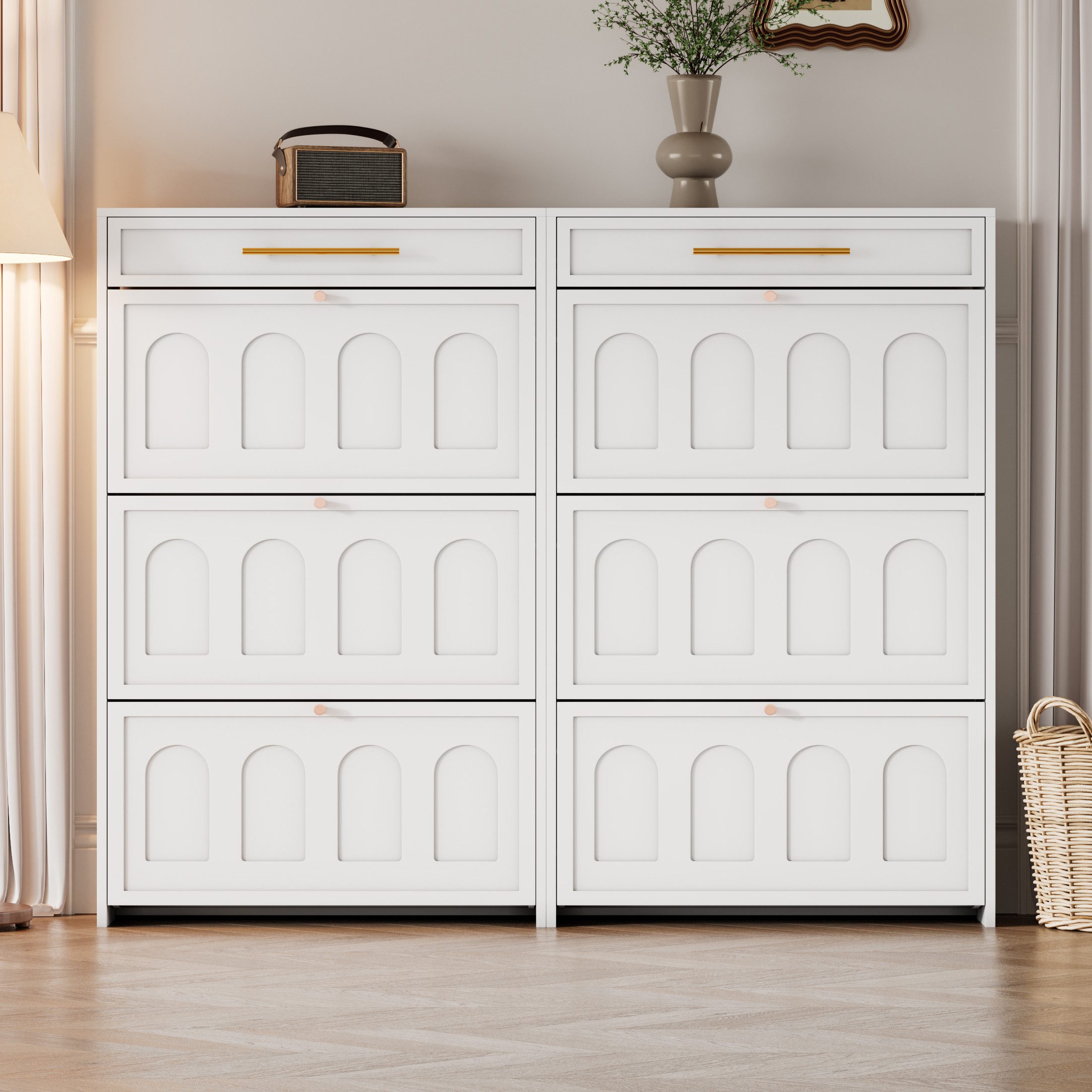 OKWISH Schuhschrank 140x123,5x25 cm Inklusive 2 Schubladen, aus MDF in Weiß (Packung, 2-St., 2-teiliges Set Moderner Schuhschrank mit 12 Fächern) Vielseitig für Flur, Tür, Wohnzimmer & Büro