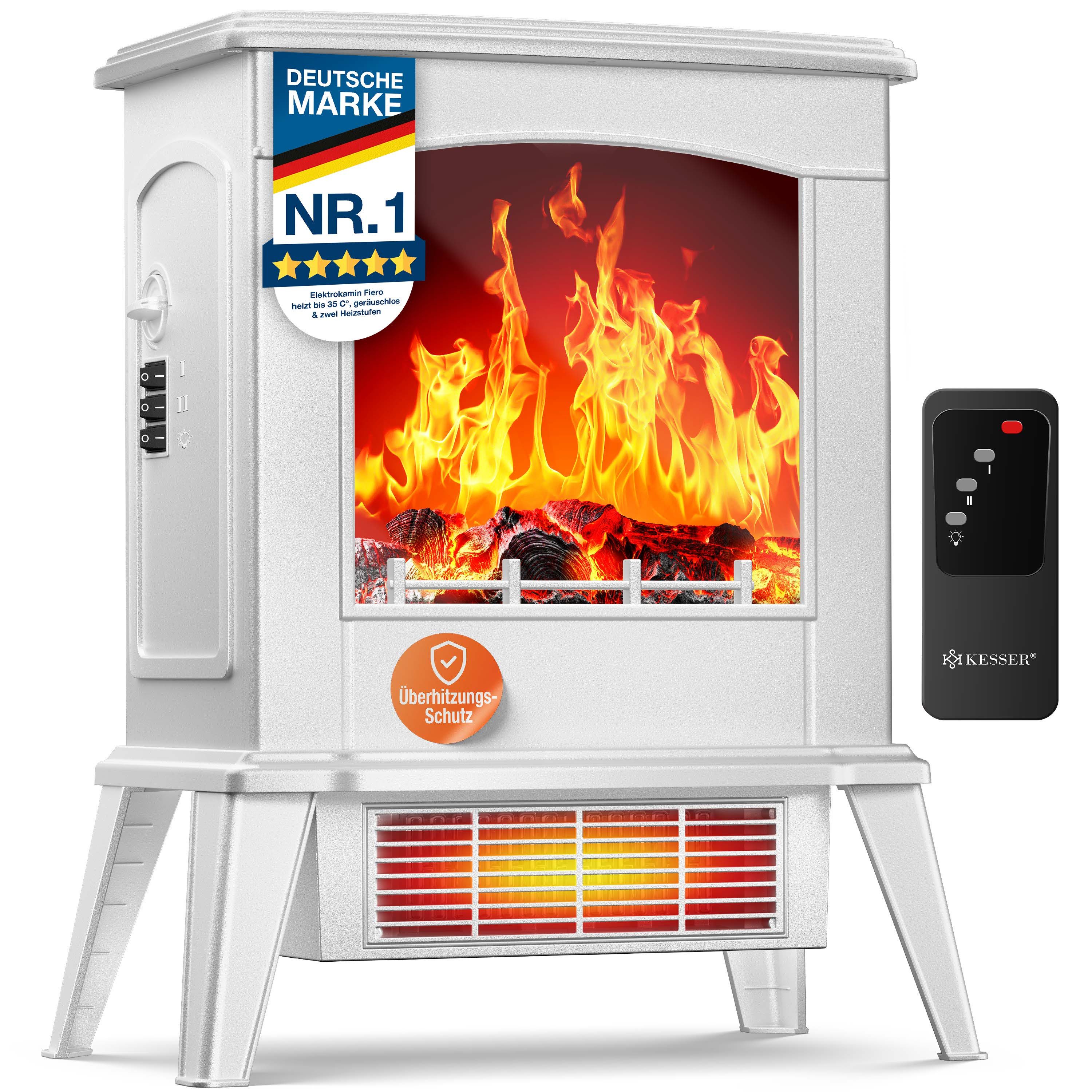 KESSER Elektrokamin mit integrierter Heizfunktion, zwei Heizstufen 1000W / 2000W, mit realistischem LED 3D Feuer- & Flammen Effekt