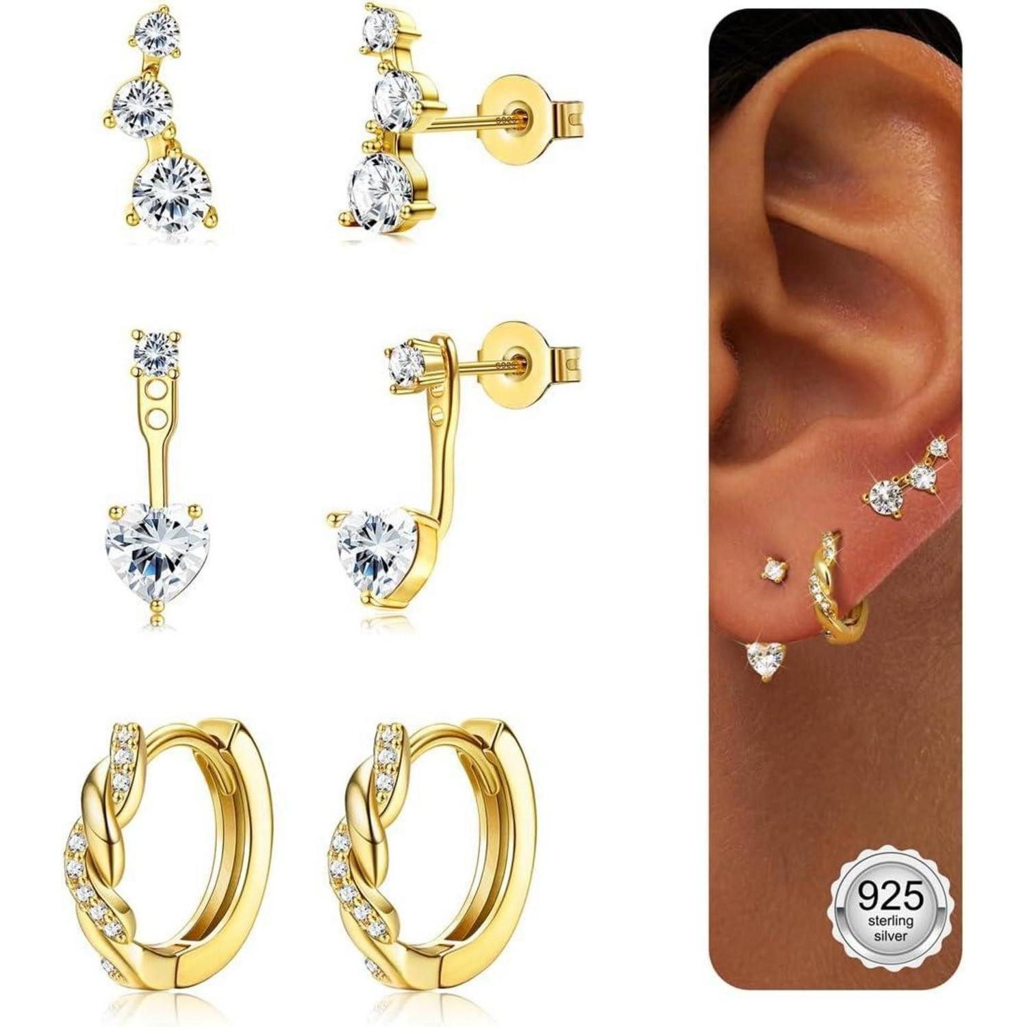Ohrring-Set Ohrringe 3 Paar Silber 925 14K Gold Ohrstecker Creolen Gold-E