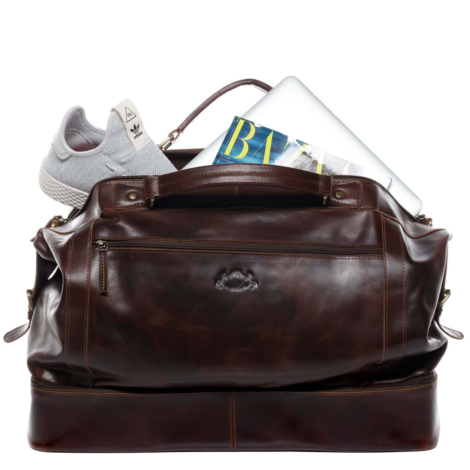 SID & VAIN Reisetasche echt Leder Weekender groß Ledertasche braun KINGSTON, Echtleder Reisegepäck für Damen & Herren, Sporttasche XL braun-cognac