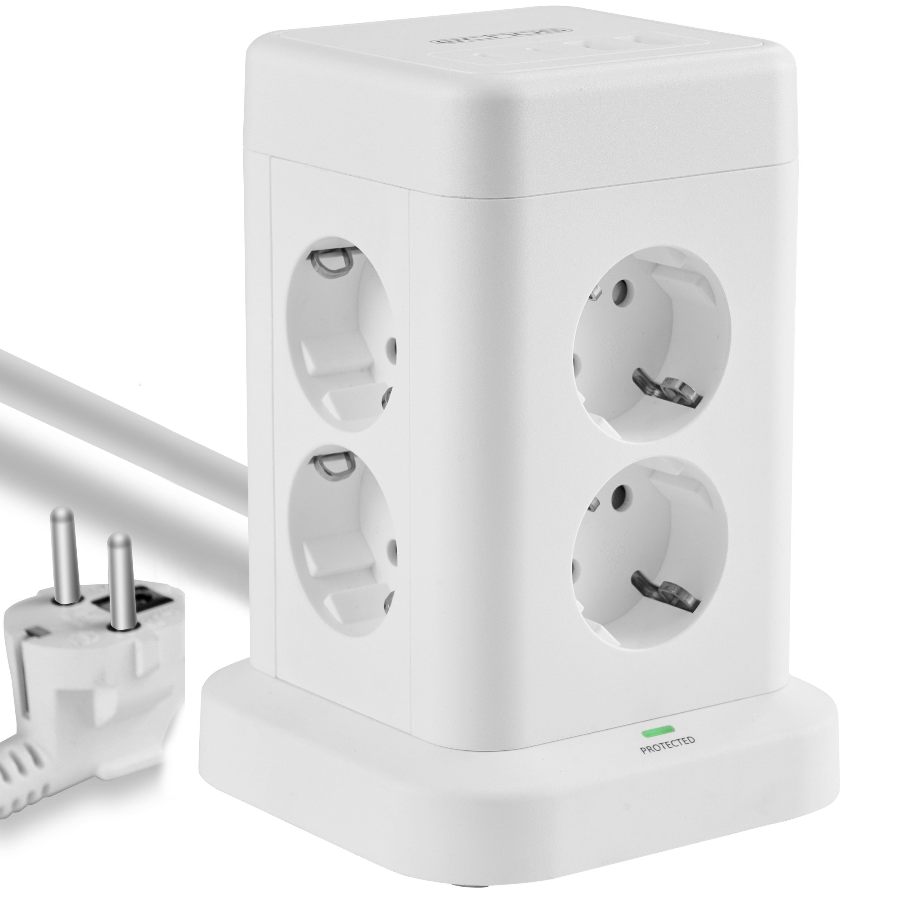 echos Eco-4135 Steckdosenleiste 8-fach (Ein- / Ausschalter, Kontrollleuchte, 2 x USB-A Anschlüsse, 2x 2 USB-C Anschlüsse, Kindersicherung, Überspannungsschutz, Überstromschutz, Feuerfestes Material, Kabellänge 3 m), 12-in-1 Steckdosenturm, 3 Meter Stromkabel, USB-A und USB Typ-C