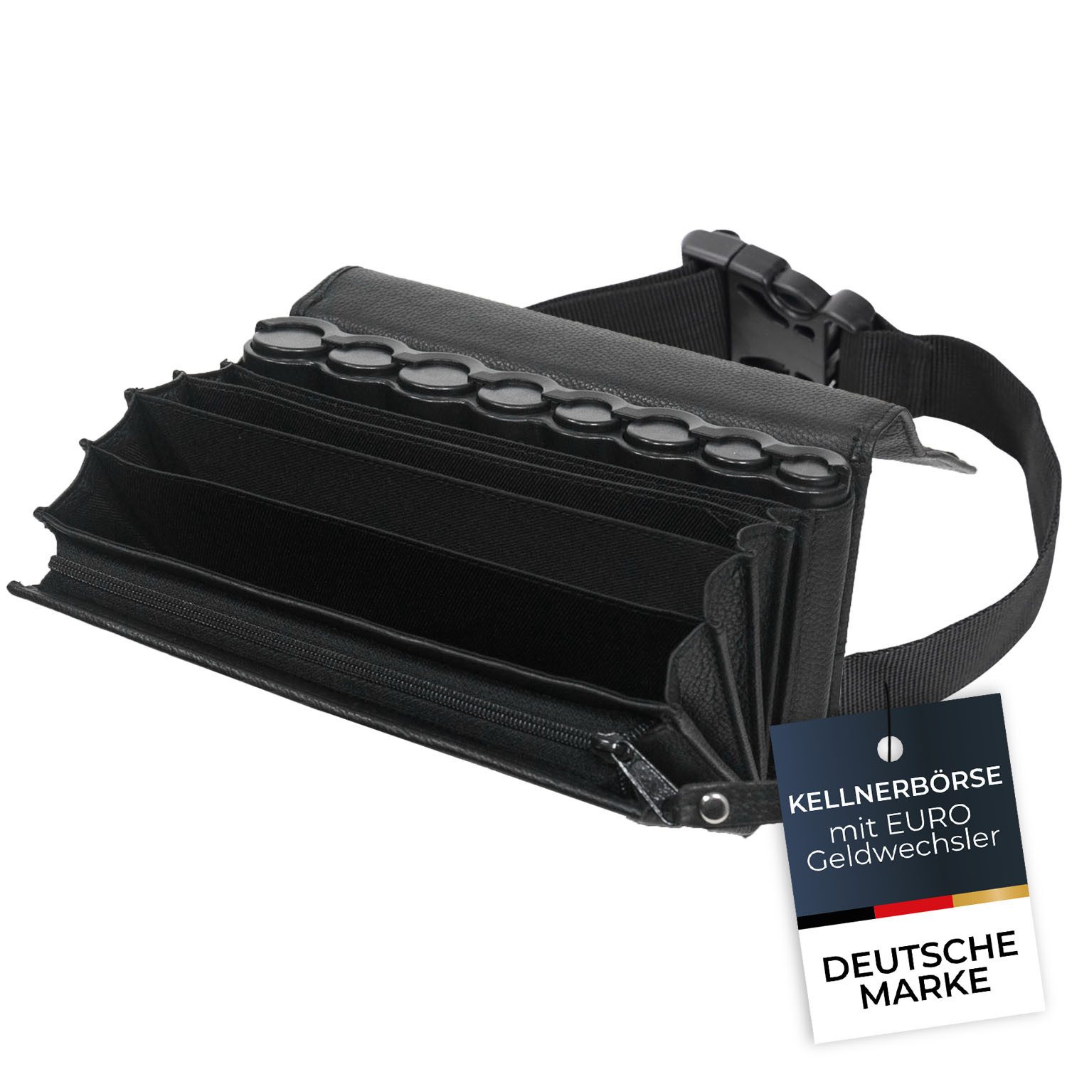 HMF Kellnerbörse Kellner Geldbörse aus Leder mit verstellbarem Gürtel, Kellnertasche (inkl. Hüftgurt mit Clipverschluss), Euro-Geldwechsler und Reißverschlussfach, 20,5 x 10 x 6,5 cm, Schwarz