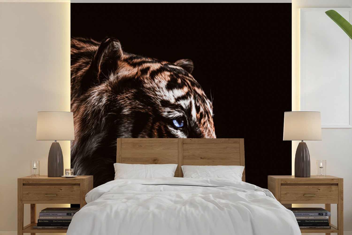 MuchoWow Fototapete Tiger - Tiere - Schwarz, Matt, bedruckt, (5 St), Vinyl Tapete für Wohnzimmer oder Schlafzimmer, Wandtapete | Fototapeten