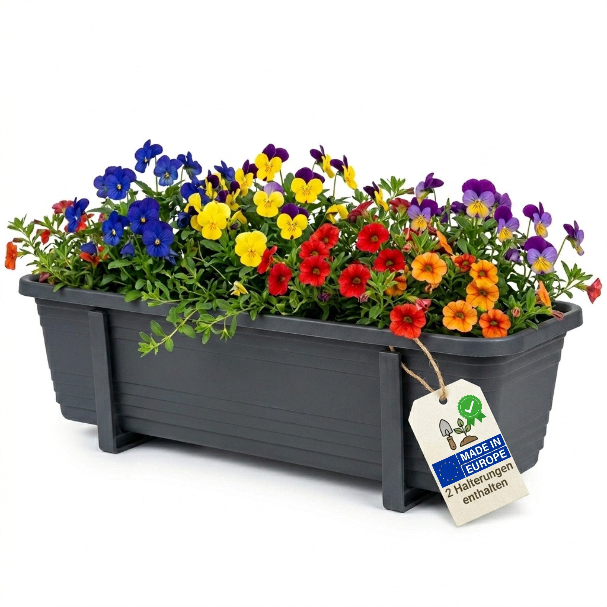 BigDean Blumenkasten 3er Set Blumenkasten 60cm anthrazit inkl. 6 Halter wetterfest (3er Set), Intelligente Drainage-Konstruktion, Made in EU