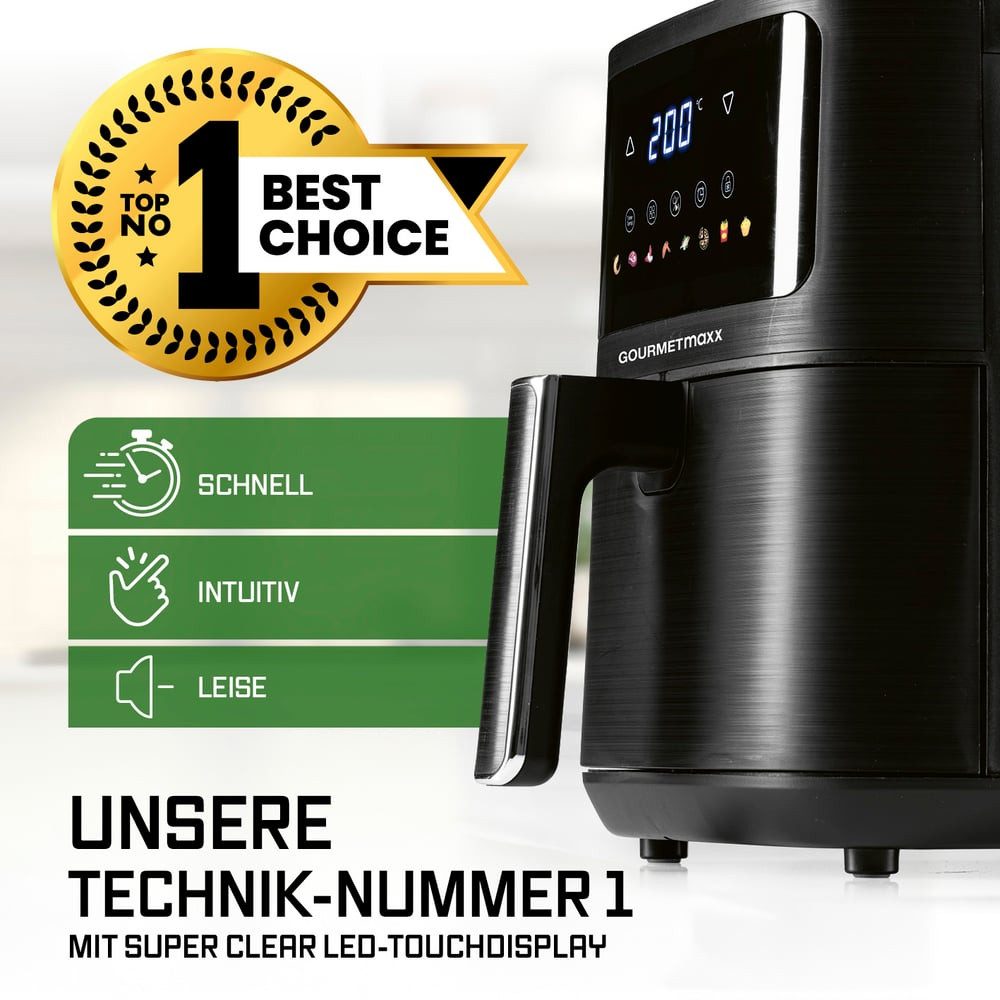 GOURMETmaxx Heißluftfritteuse Digital 4,5l 1500W schwarz mit Farbdisplay vorne, 1500 W, Heißluftzirkulation LED-Touch Pommes Steak wenig Fett 8 Programme