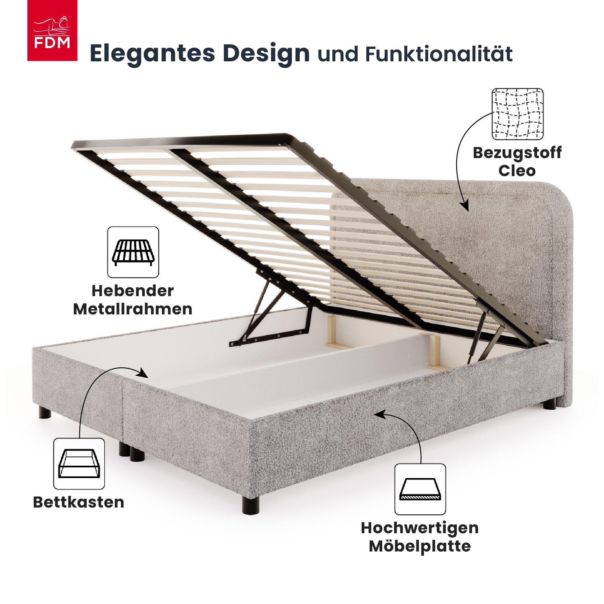 FDM Polsterbett RIPOSTO Bettgestell Bett 140x200, 160x200, 180x200 cm Cleo (verfügbar 140x200 160x200 180x200cm, Bettrahmen, Bett, mit großen gepolsterten Kopfteil, mit Bettkasten zum aufklappen), Hebbarer Metallrahmen, Bettkasten, mit/ohne Matratze