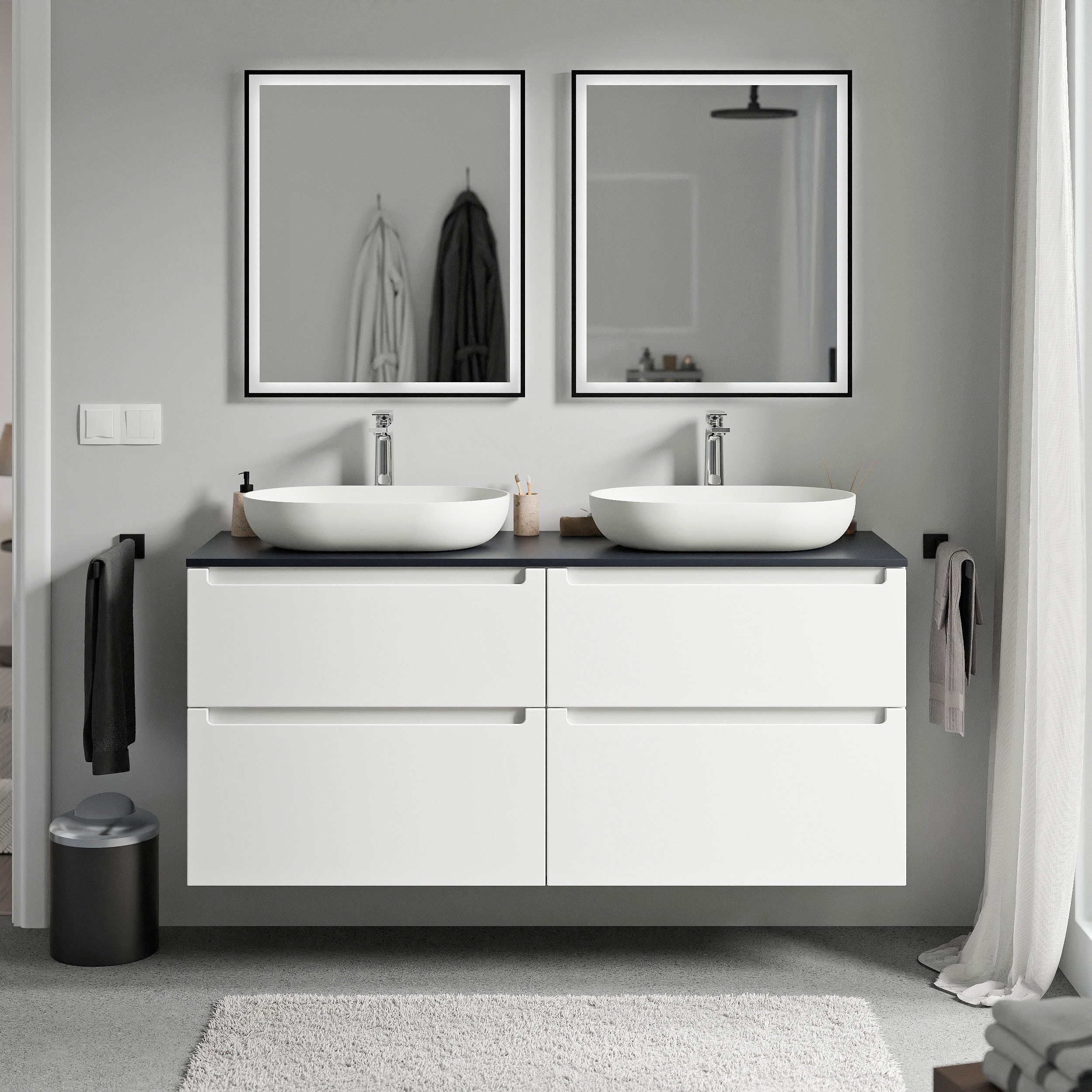 Bernstein Waschbeckenunterschrank VIREO 140cm Weiß matt PLATTE Mitternachtsblau matt Waschtischunterschrank 4 Schubladen