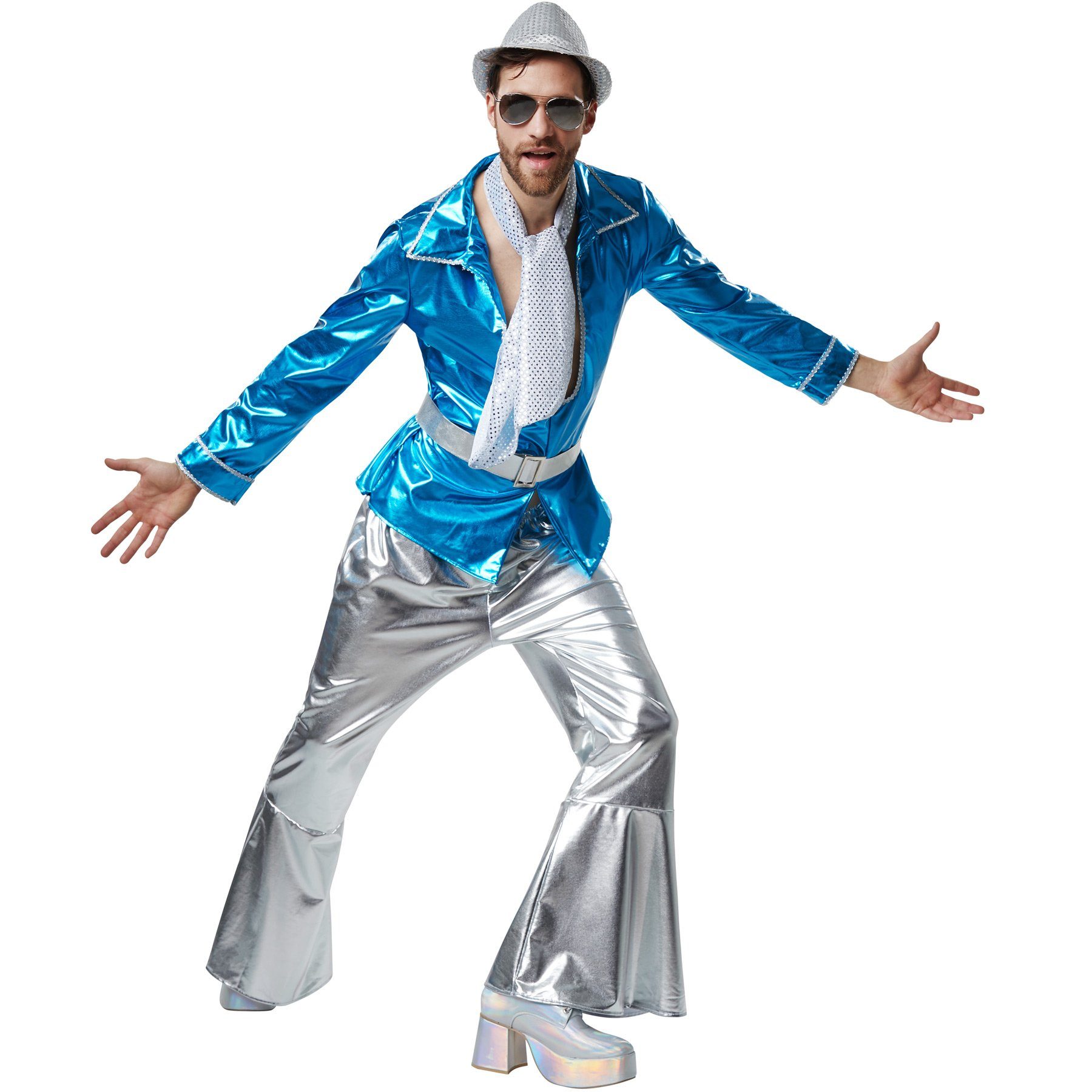 dressforfun Hippie-Kostüm Tänzer/Sänger, Gr. XXL, Silberner Gürtel mit Schnalle in Metalloptik, in der Farbe blau, Hose mit Gummizug und weit ausgestelltem Bein